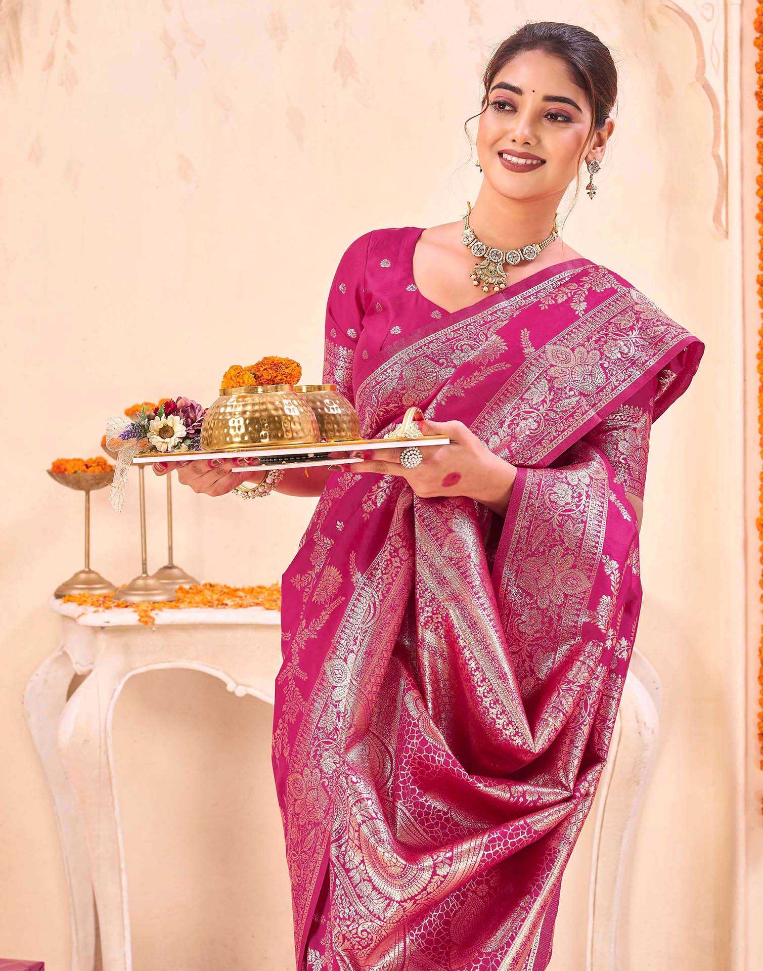 Pink Silk Woven Banarasi Saree - Image 3
