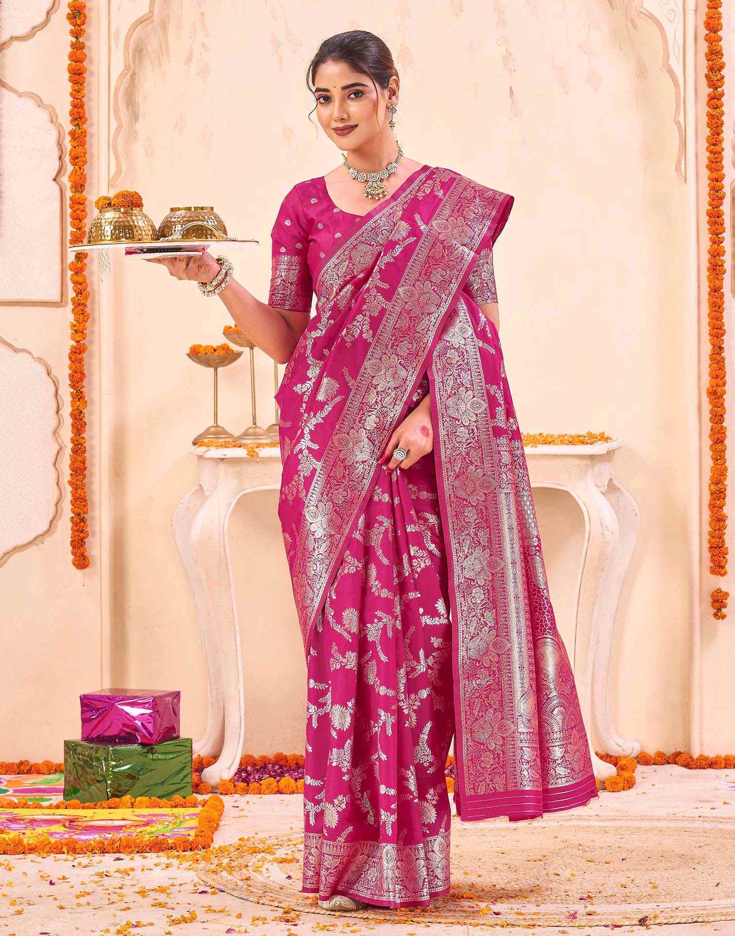 Pink Silk Woven Banarasi Saree - Image 6