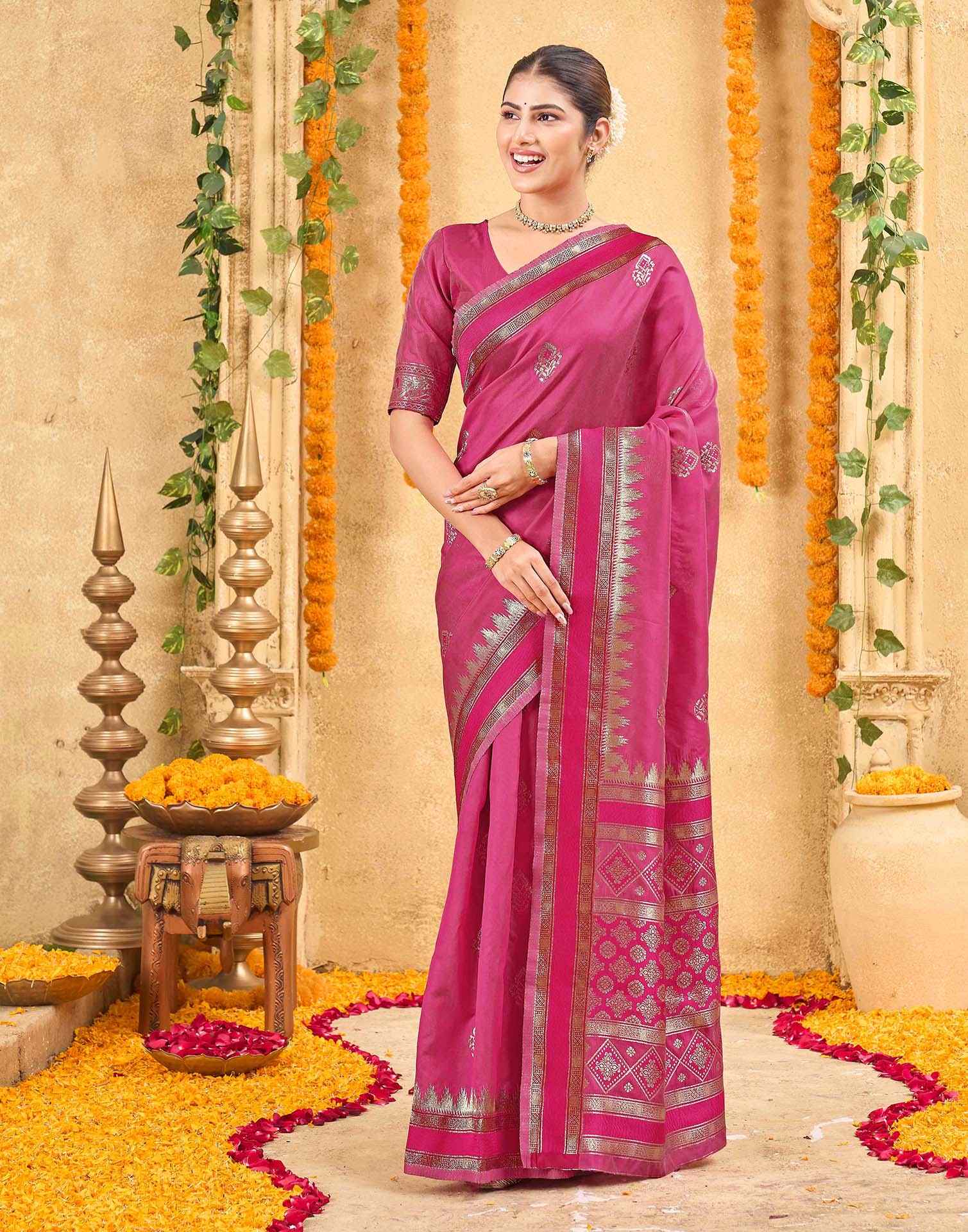 Pink Silk Woven Banarasi Saree