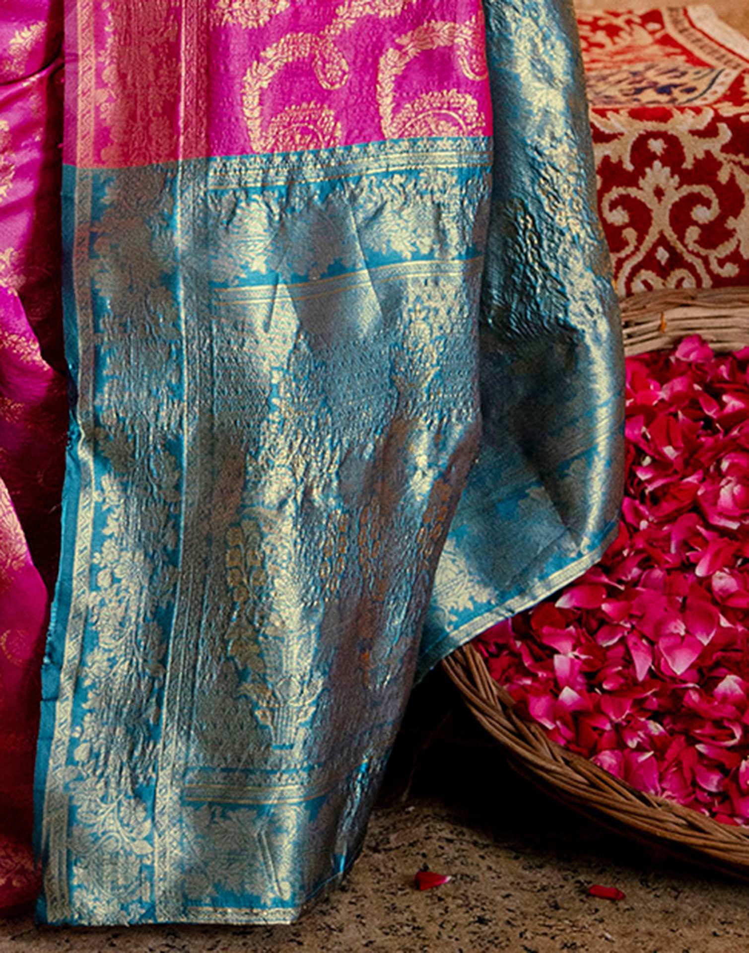Pink Silk Woven Banarasi Saree - Image 11