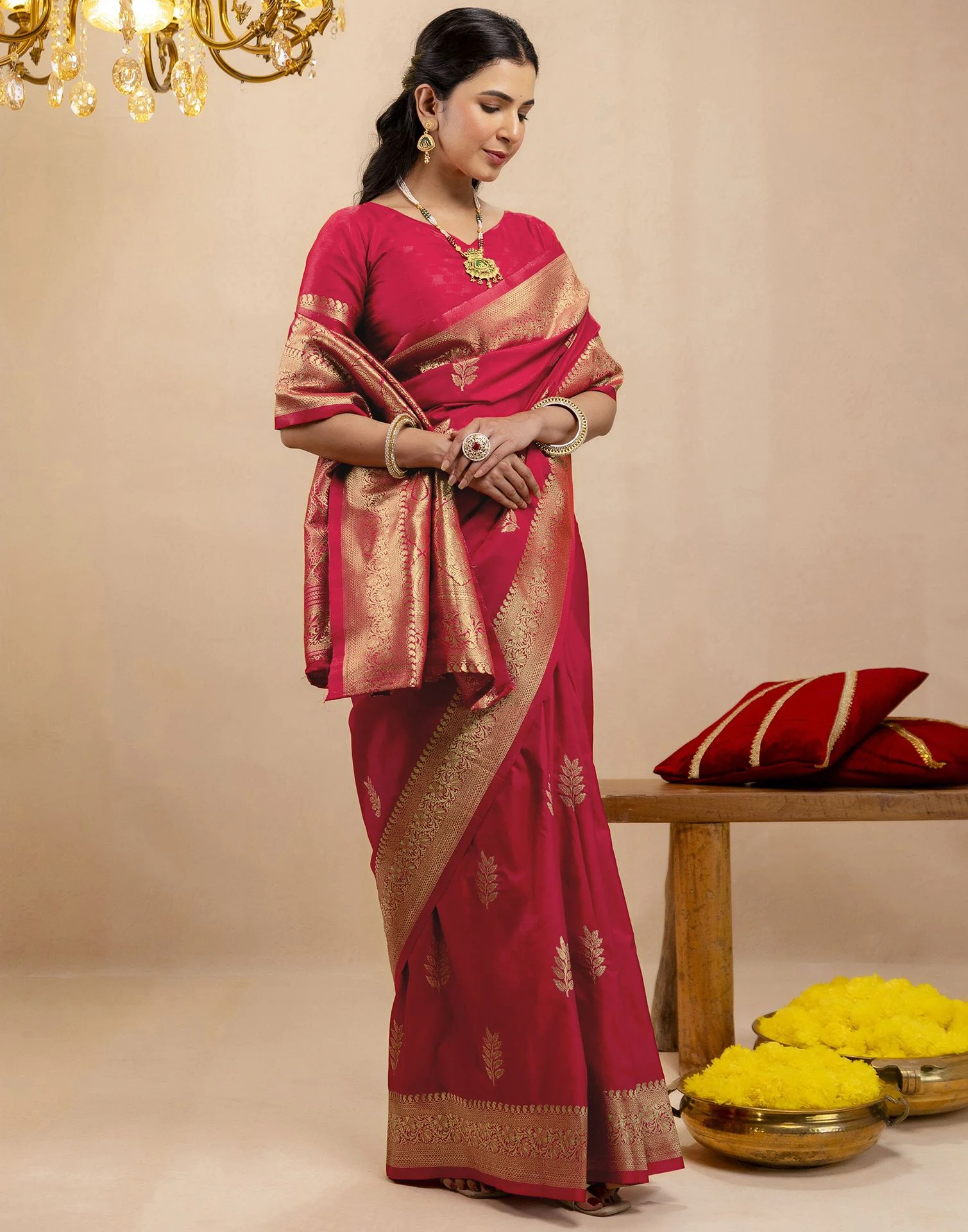 Pink Silk Woven Banarasi Saree - Image 10