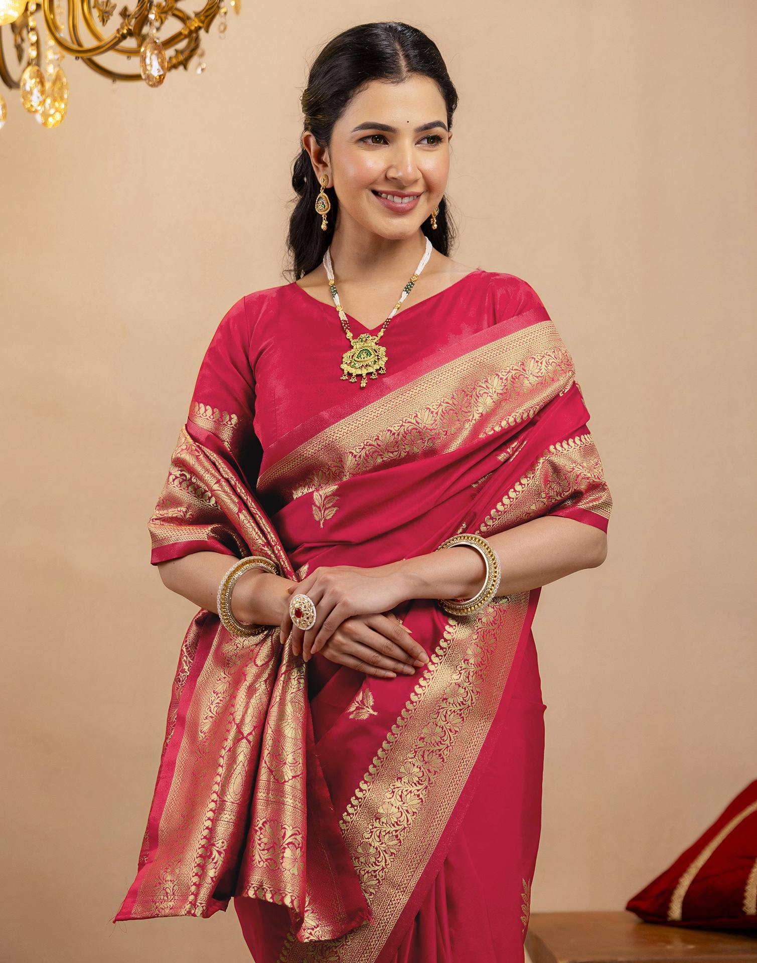 Pink Silk Woven Banarasi Saree - Image 2