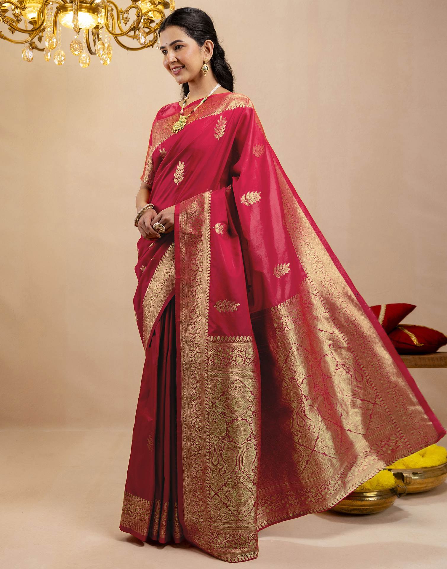 Pink Silk Woven Banarasi Saree - Image 4