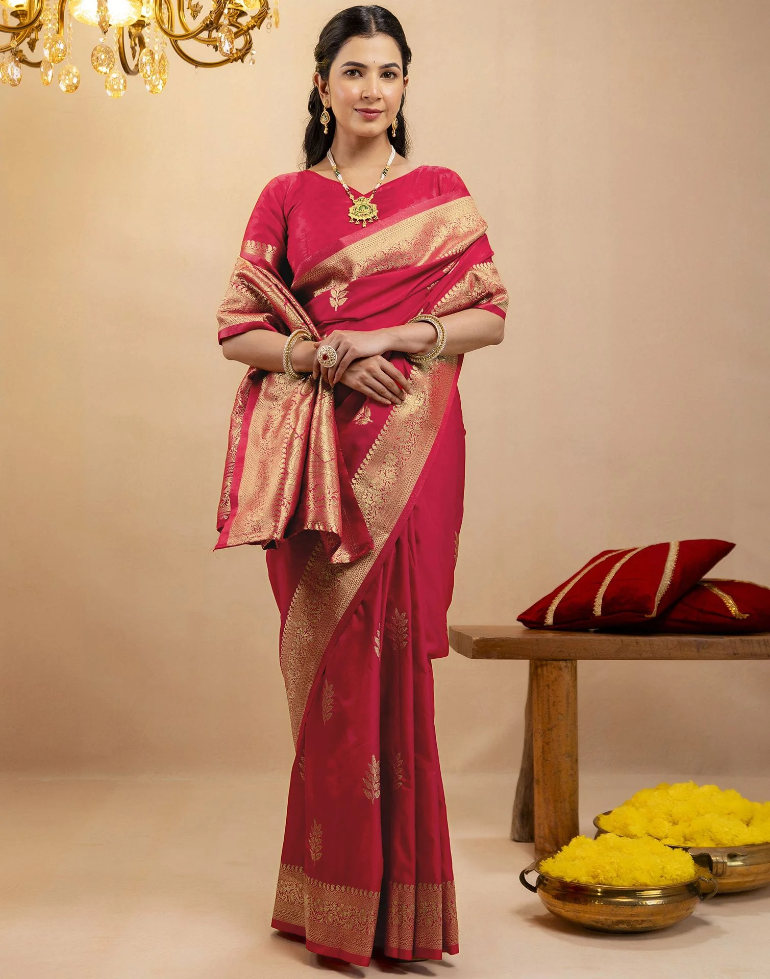 Pink Silk Woven Banarasi Saree - Image 9