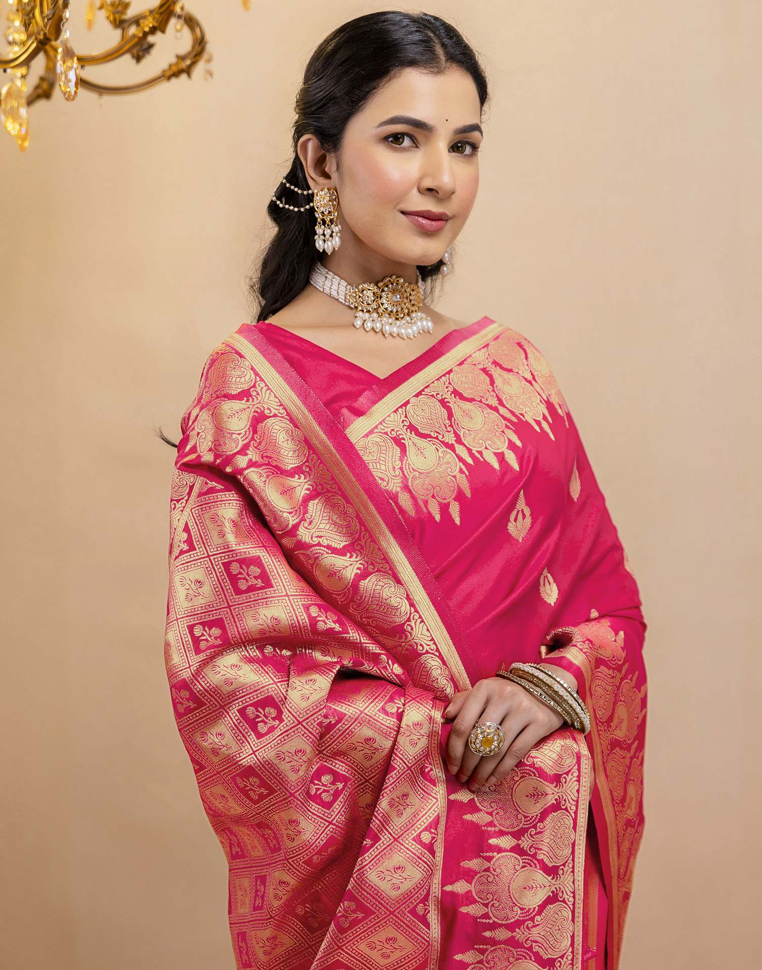 Pink Silk Woven Banarasi Saree - Image 4