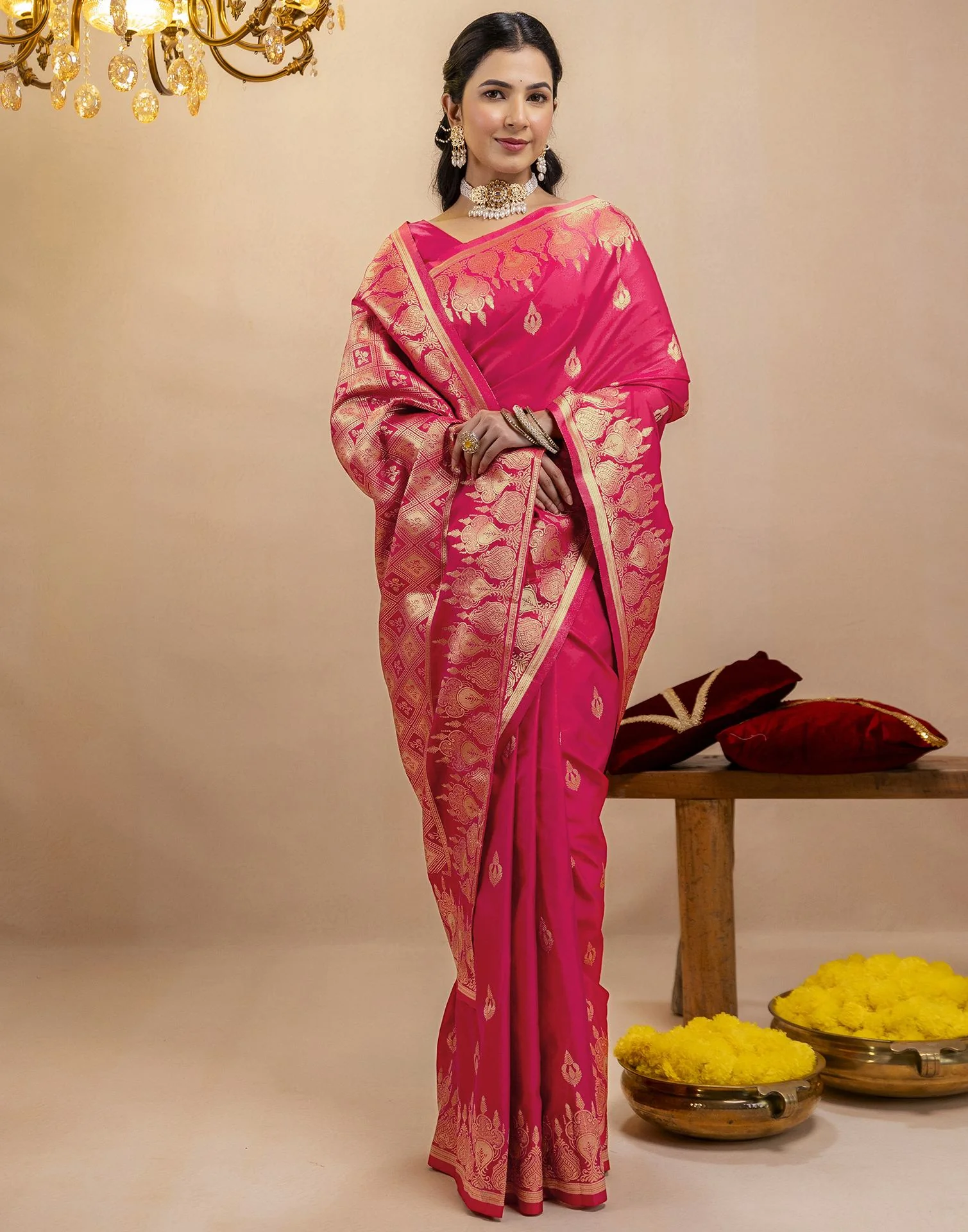 Pink Silk Woven Banarasi Saree - Image 8