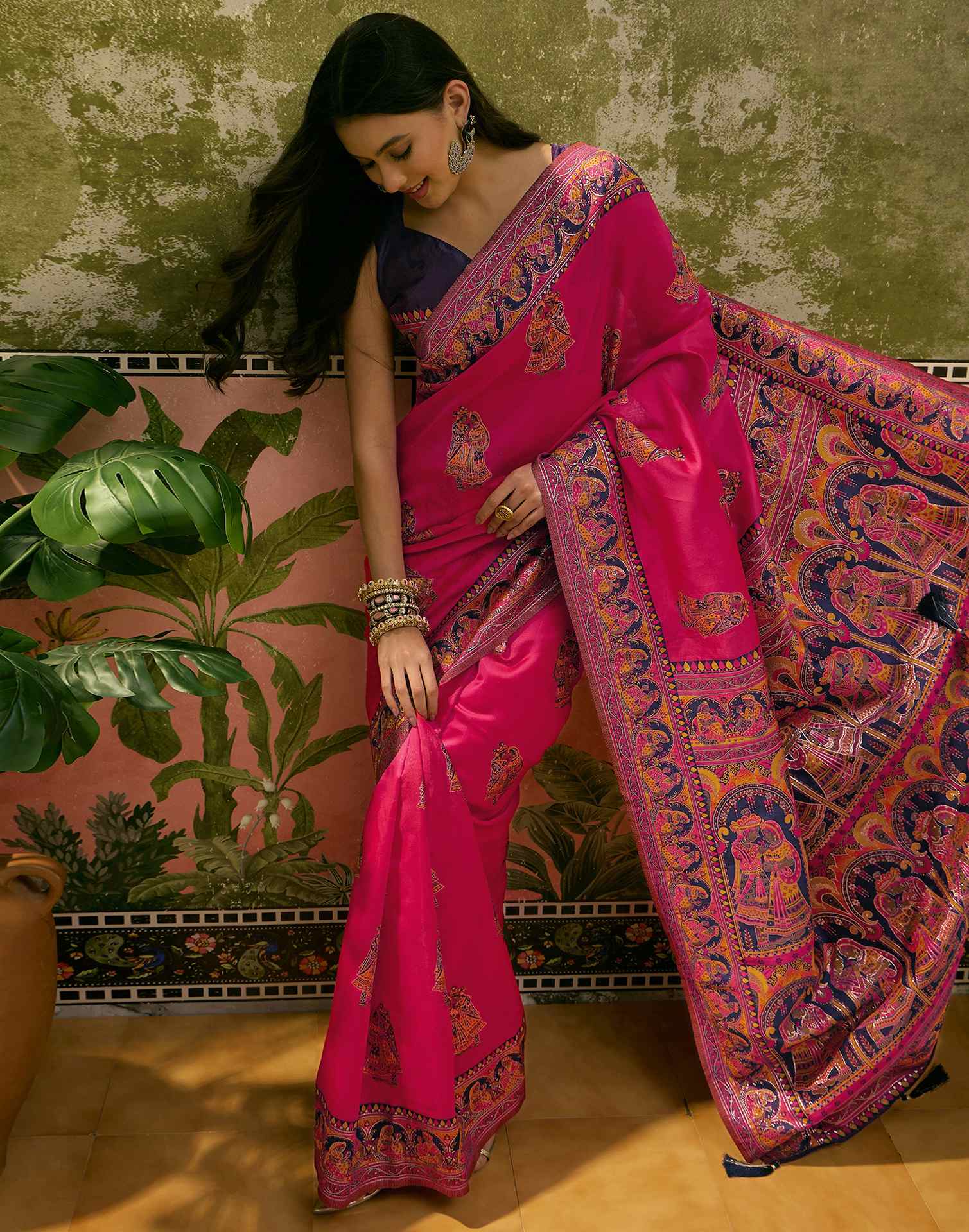Pink Silk Woven Kalamkari Saree - Image 5