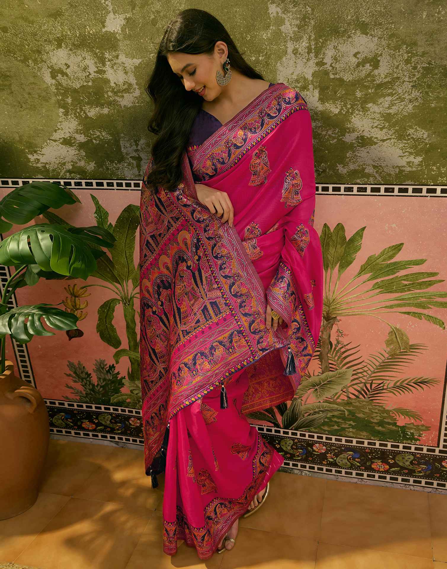 Pink Silk Woven Kalamkari Saree - Image 7