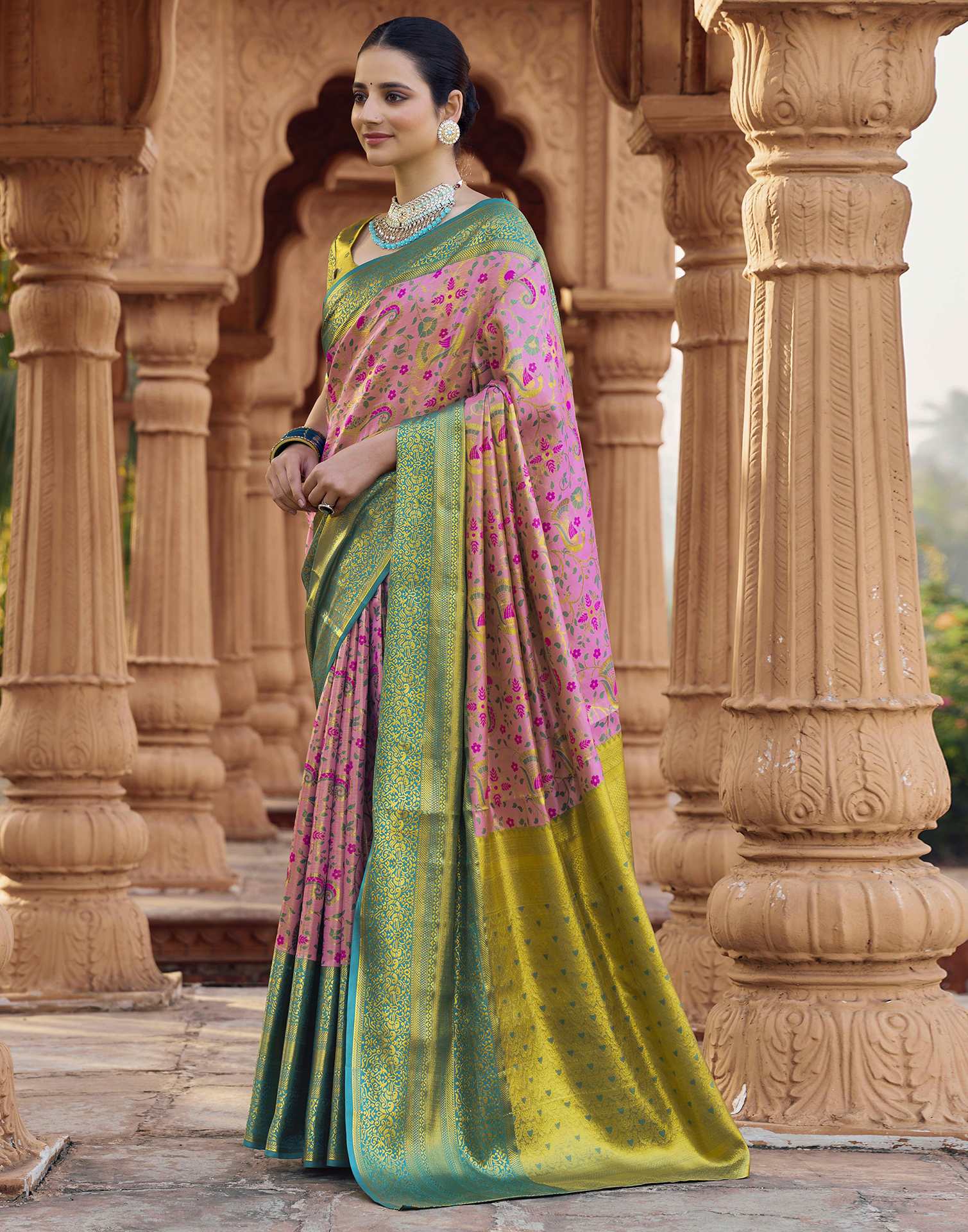 Pink Silk Woven Kanjivaram Saree - Image 4