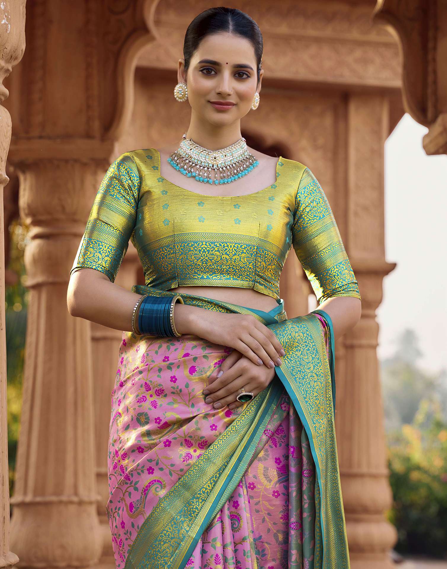Pink Silk Woven Kanjivaram Saree - Image 7