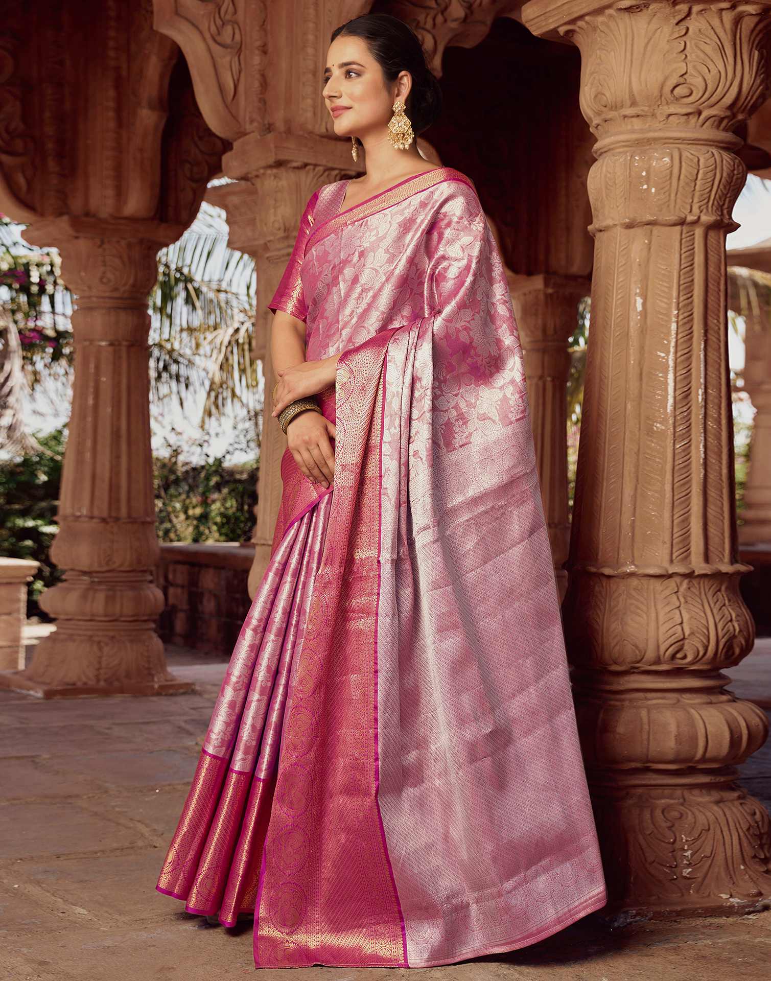 Pink Silk Woven Kanjivaram Saree - Image 4