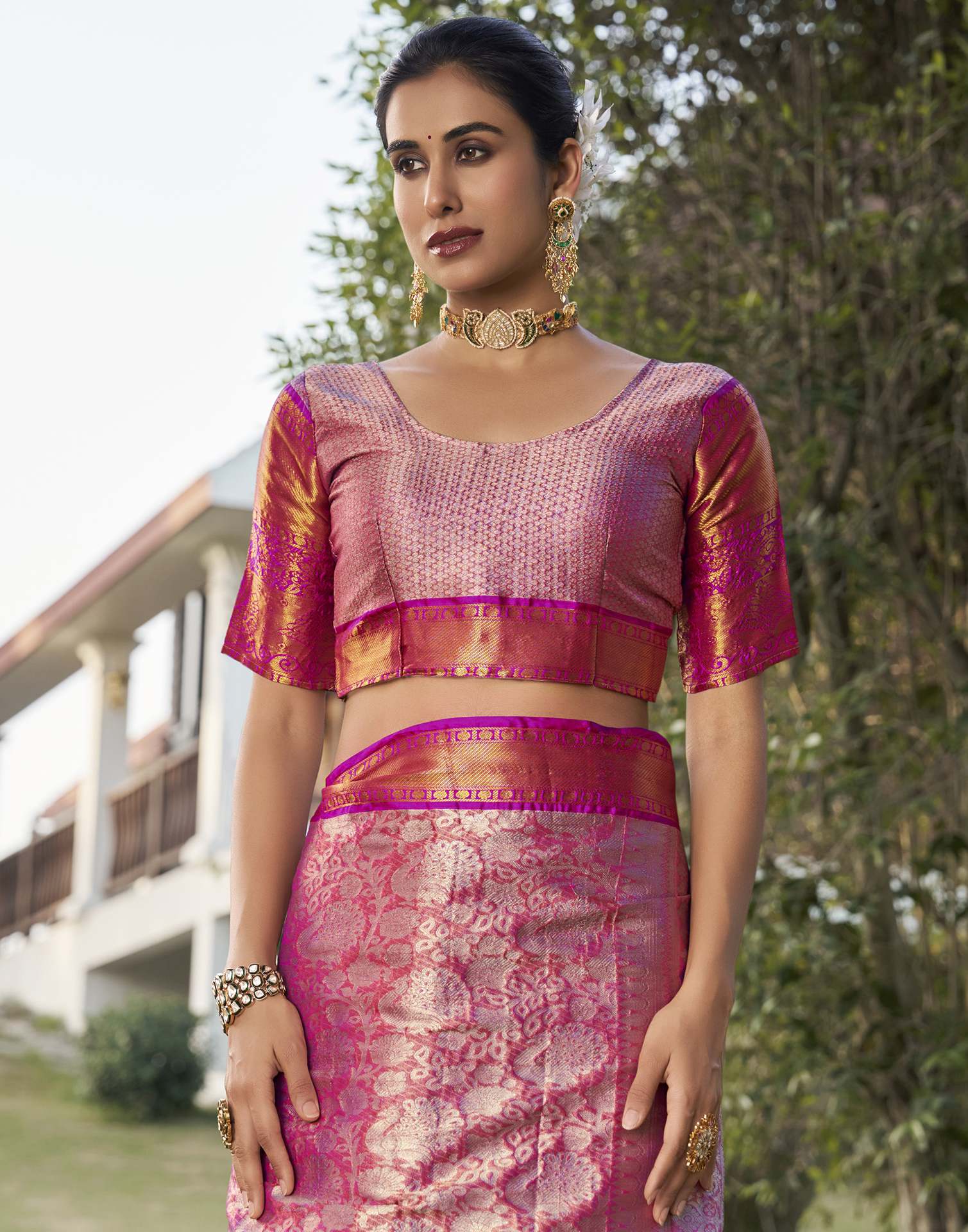 Pink Silk Woven Kanjivaram Saree - Image 8