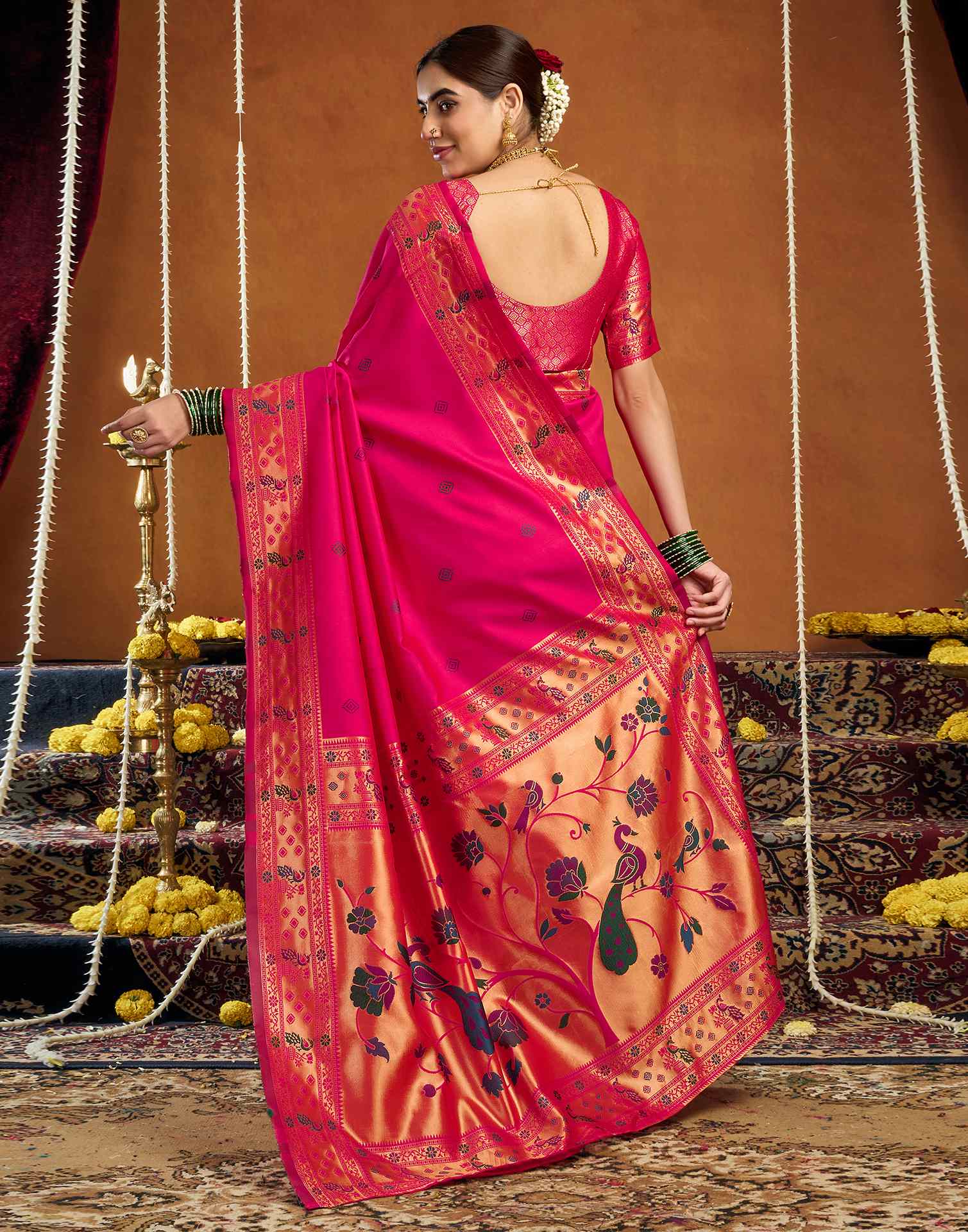Pink Silk Woven Paithani Saree - Image 6