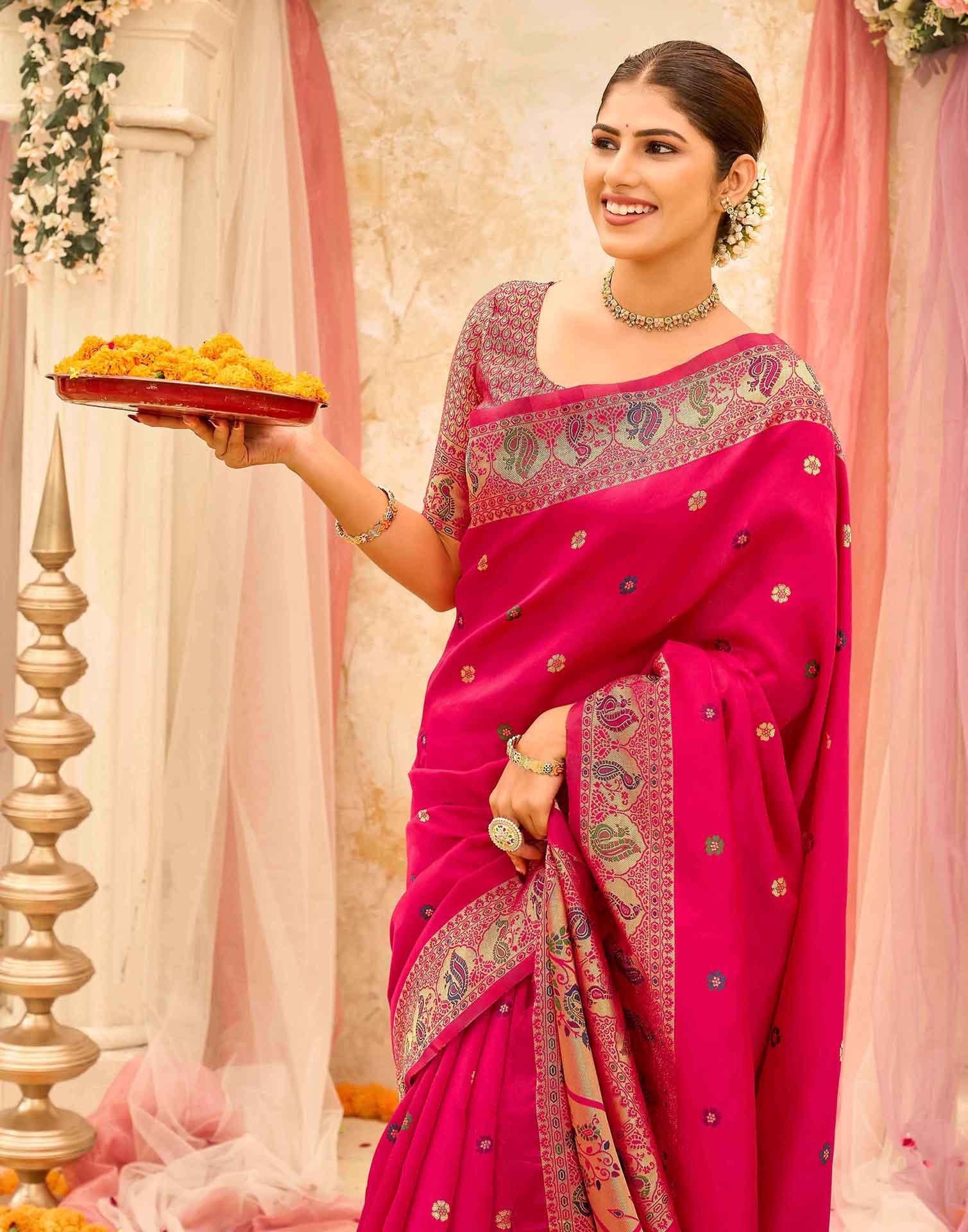 Pink Silk Woven Paithani Saree - Image 2