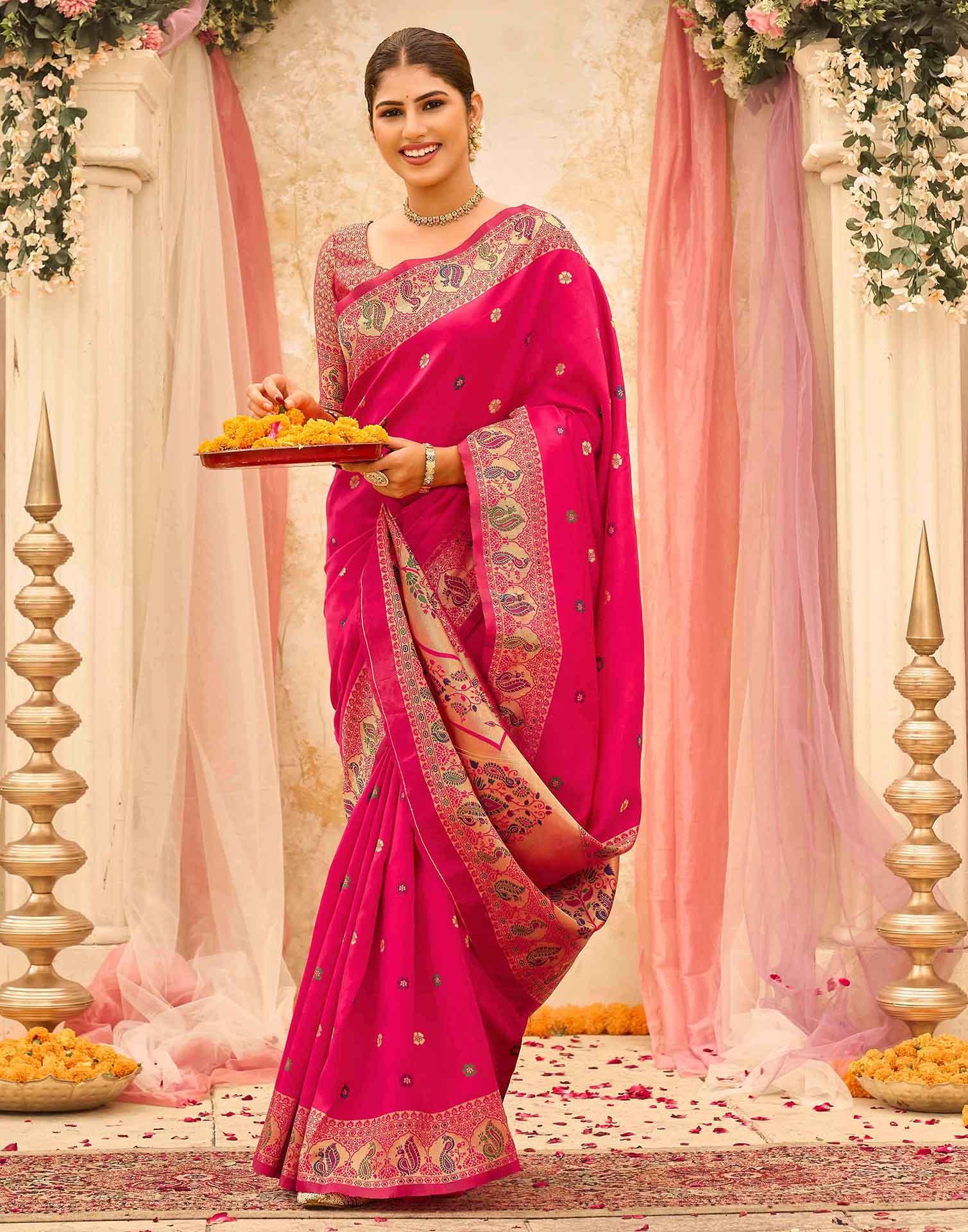 Pink Silk Woven Paithani Saree - Image 5