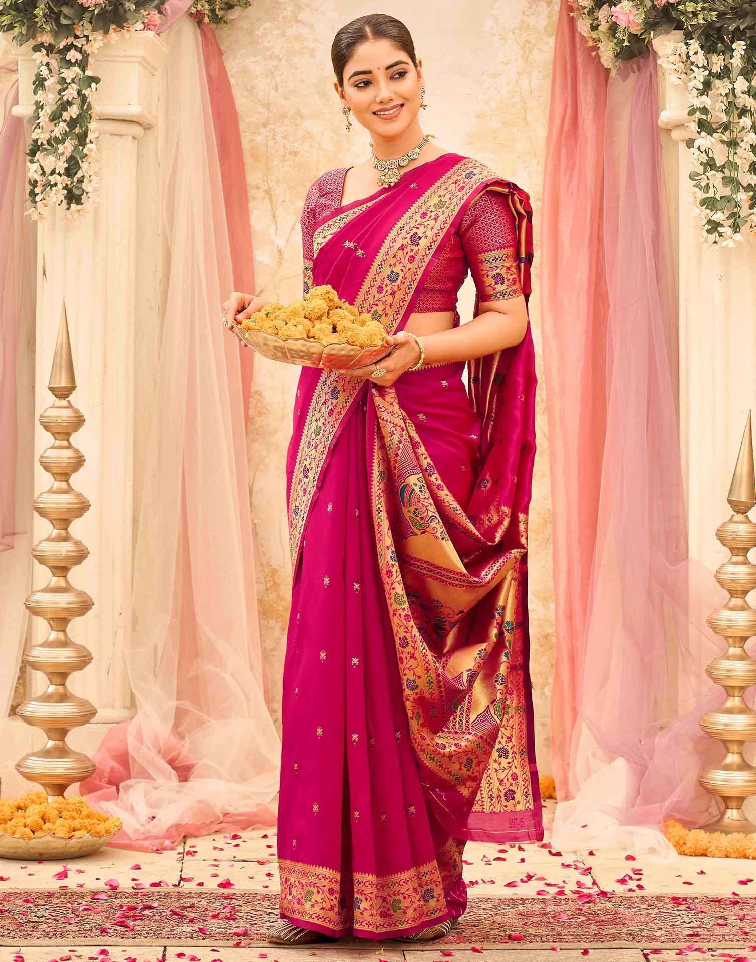 Pink Silk Woven Paithani Saree - Image 5