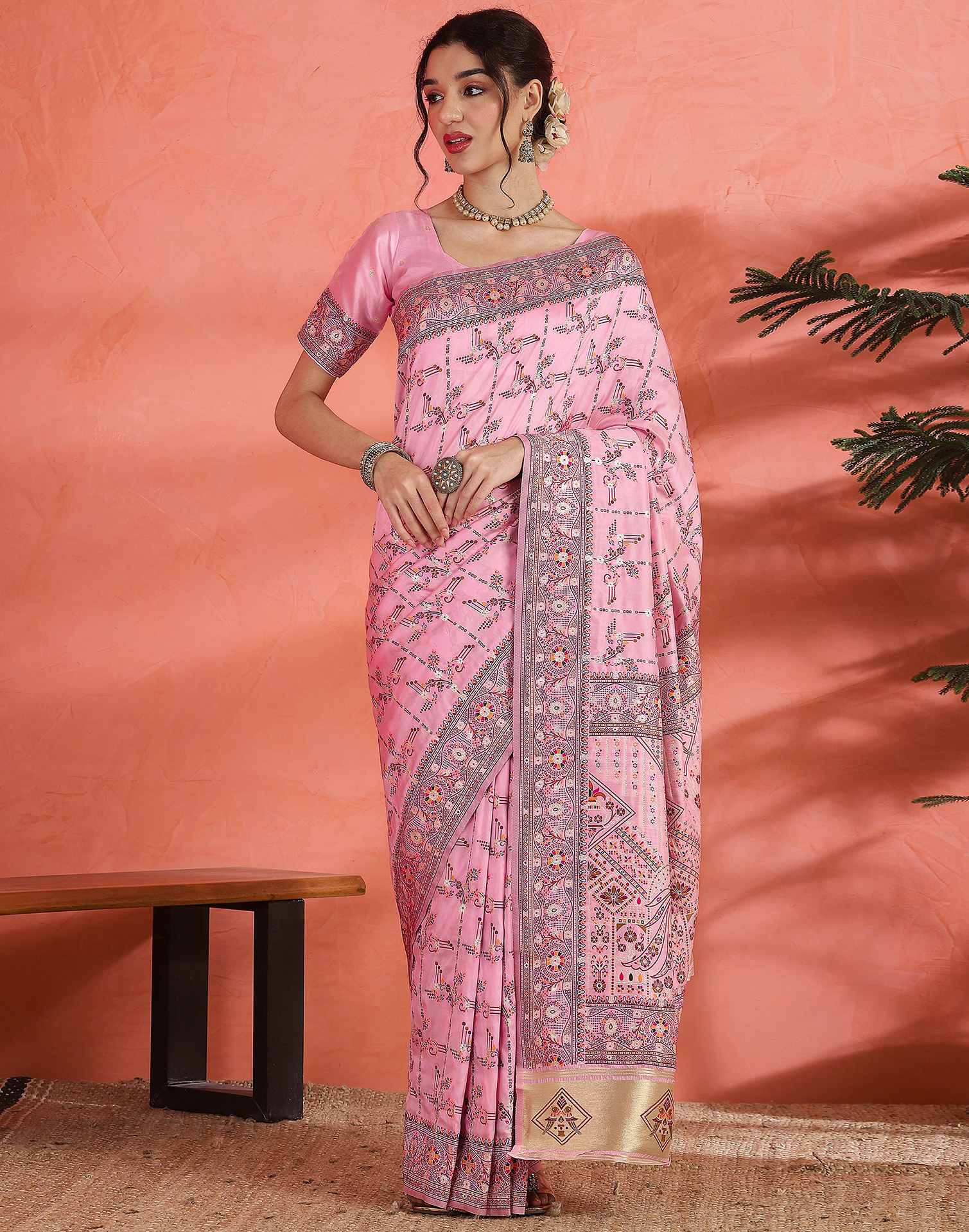 Pink Silk Woven Saree - Image 2