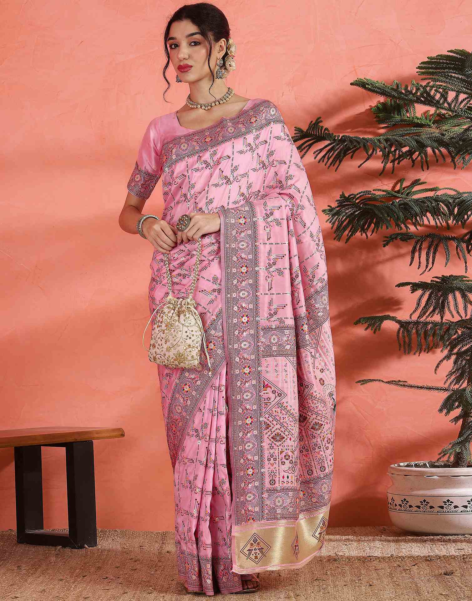 Pink Silk Woven Saree - Image 6