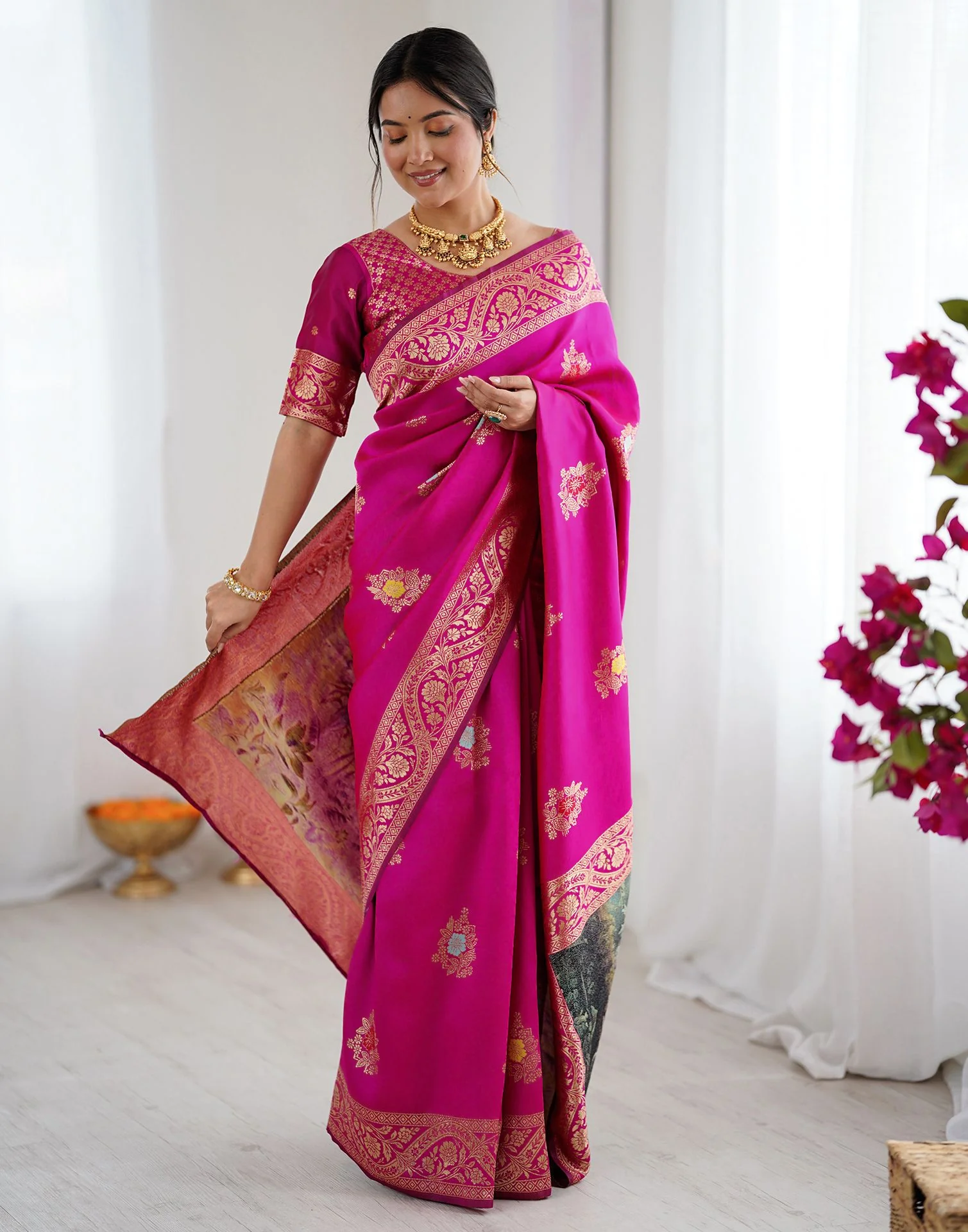 Pink Silk Woven Saree - Image 6