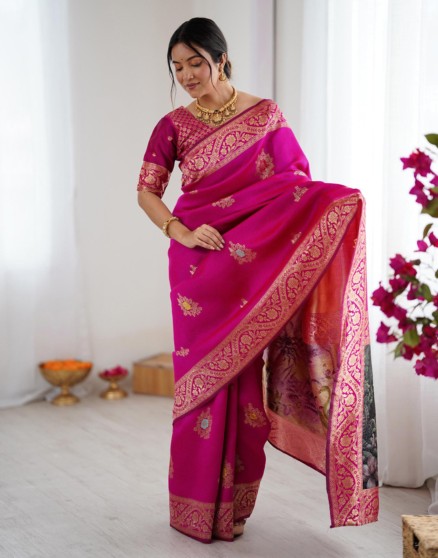 Pink Silk Woven Saree - Image 9
