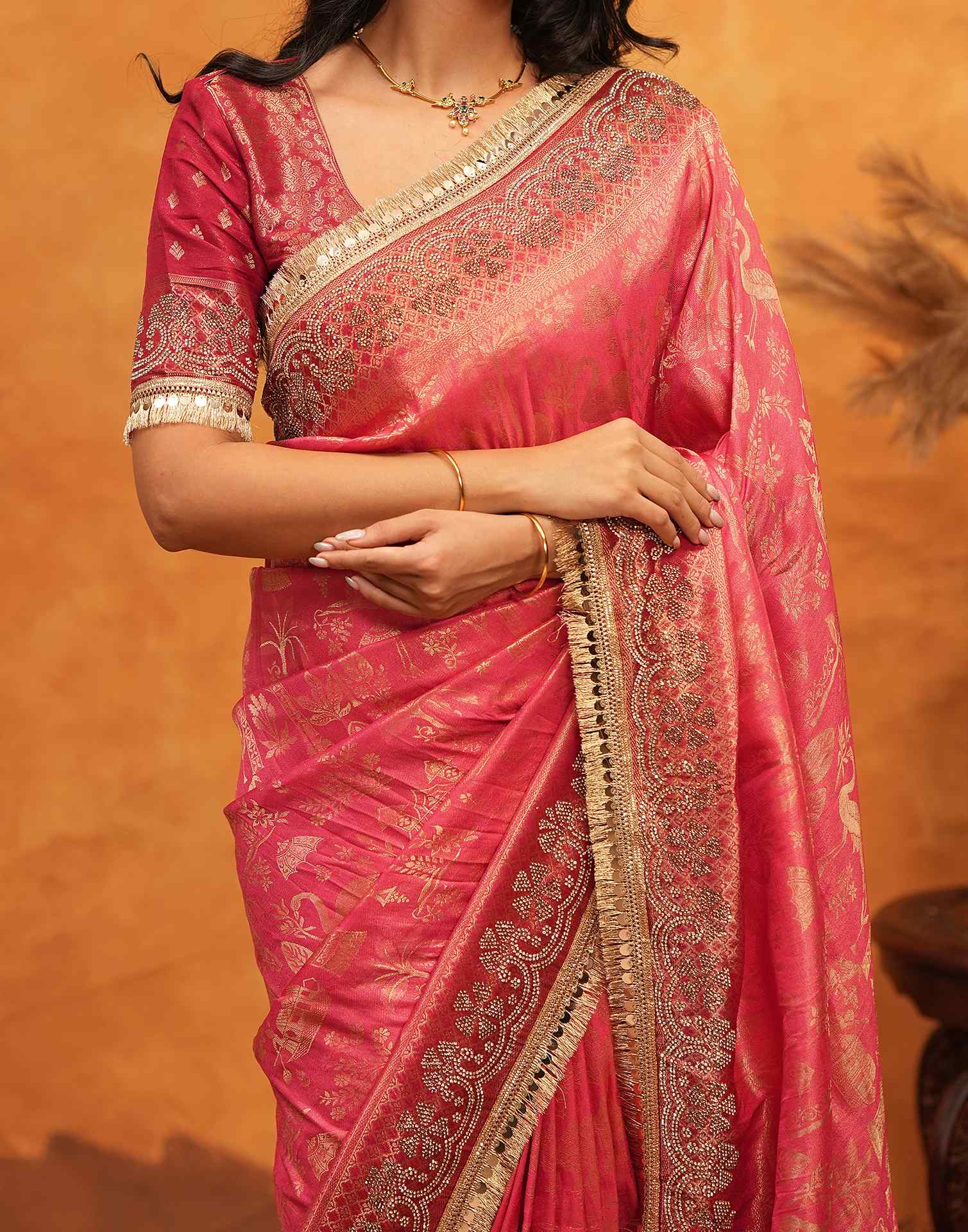 Pink Silk Woven Stone Work Banarasi Saree - Image 11