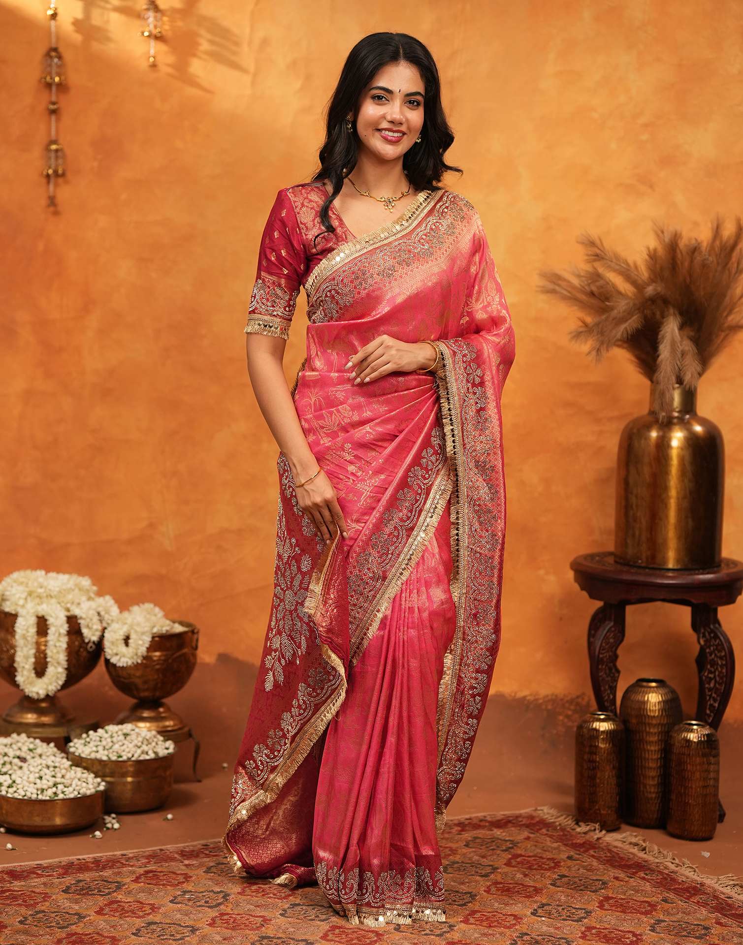 Pink Silk Woven Stone Work Banarasi Saree - Image 6