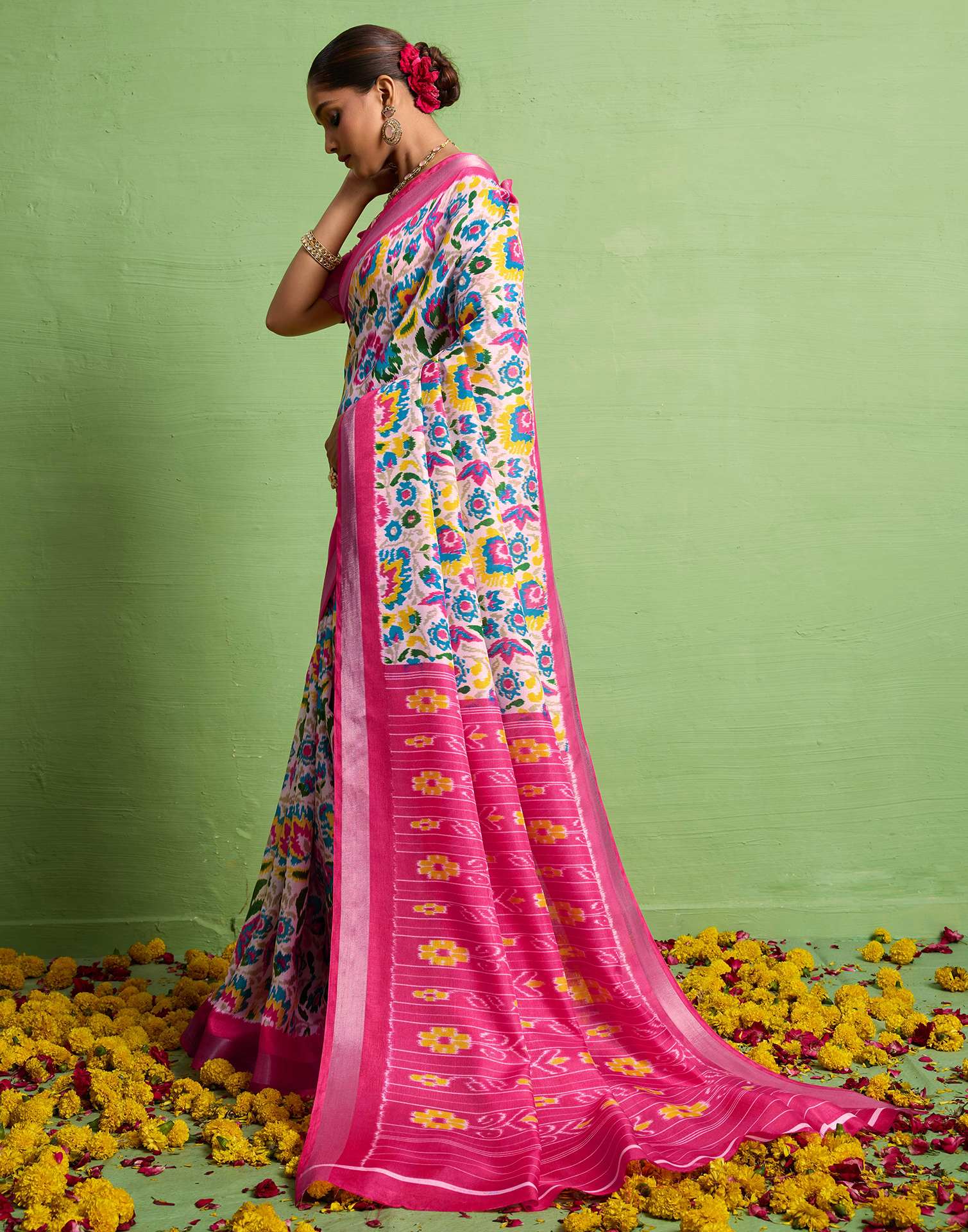Pink Silk Zari Printed Saree - Image 4