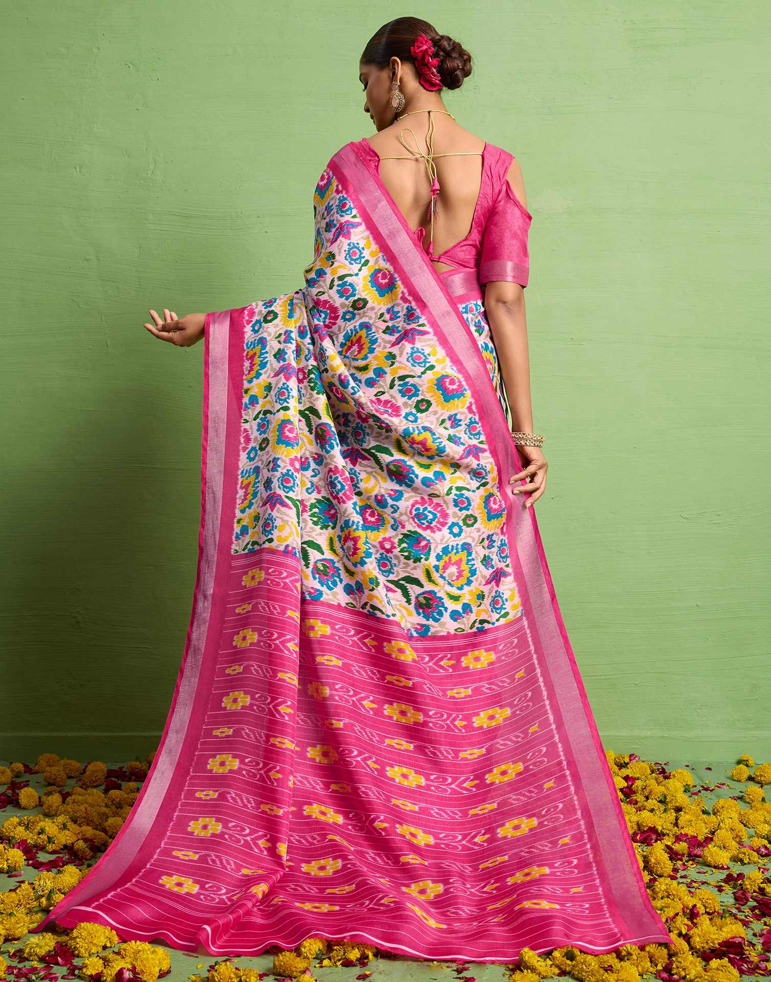 Pink Silk Zari Printed Saree - Image 6