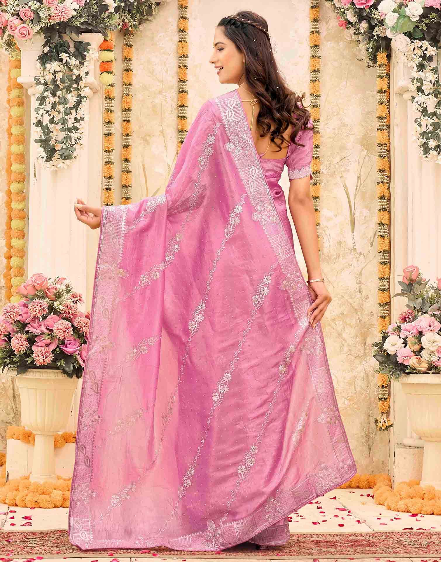 Pink Tissue Silk Embroidery Embellished Saree - Image 4