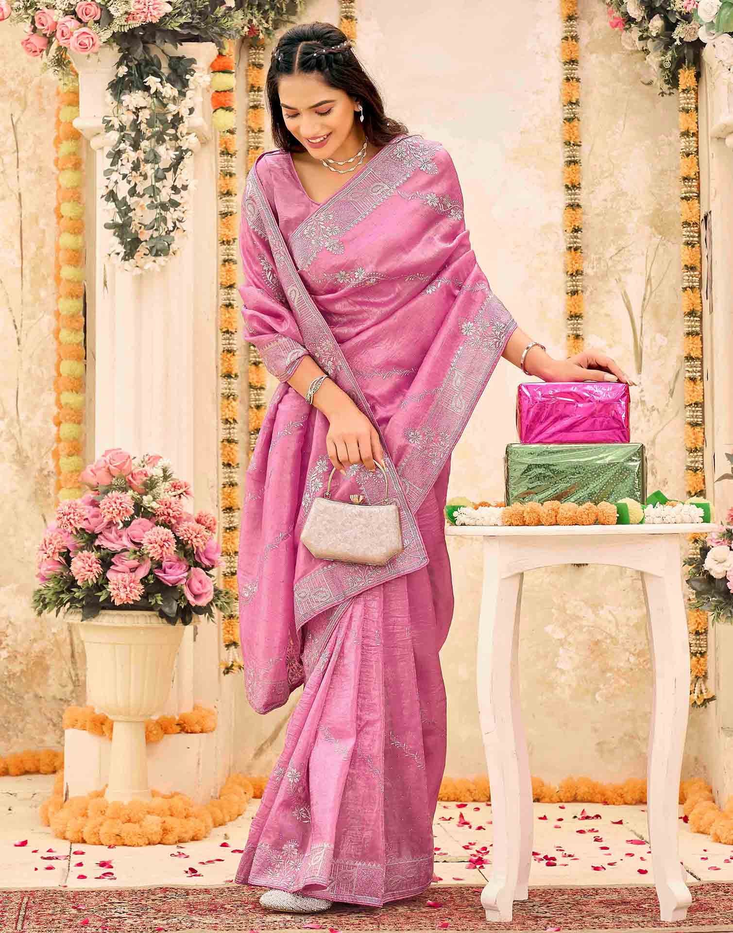 Pink Tissue Silk Embroidery Embellished Saree - Image 5