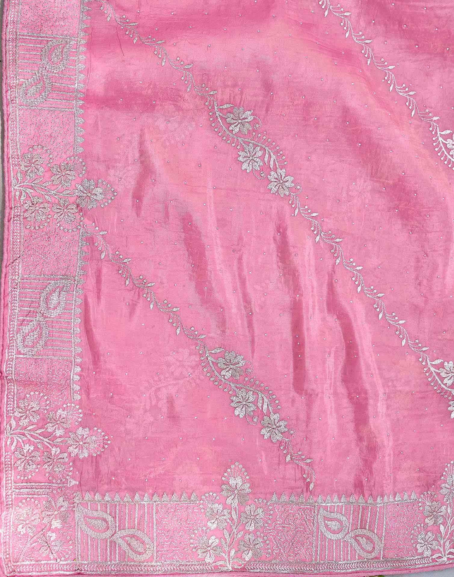 Pink Tissue Silk Embroidery Embellished Saree - Image 8