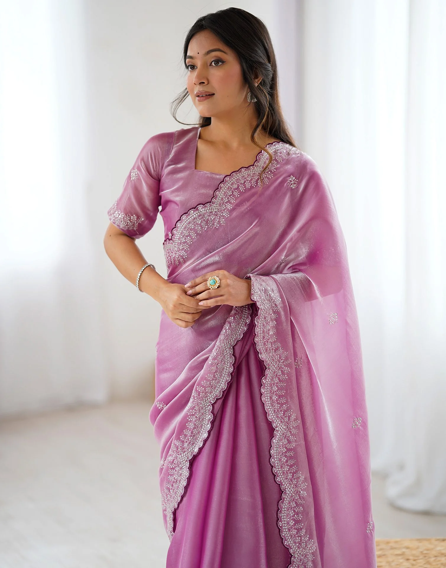 Pink Tissue Silk Embroidery Saree - Image 11