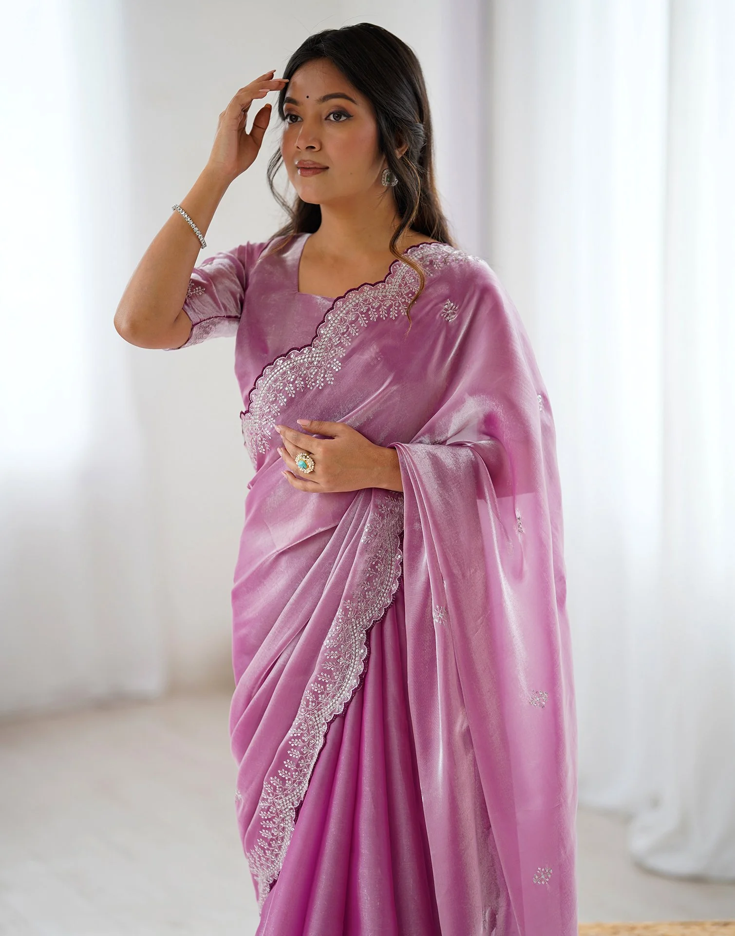 Pink Tissue Silk Embroidery Saree - Image 2