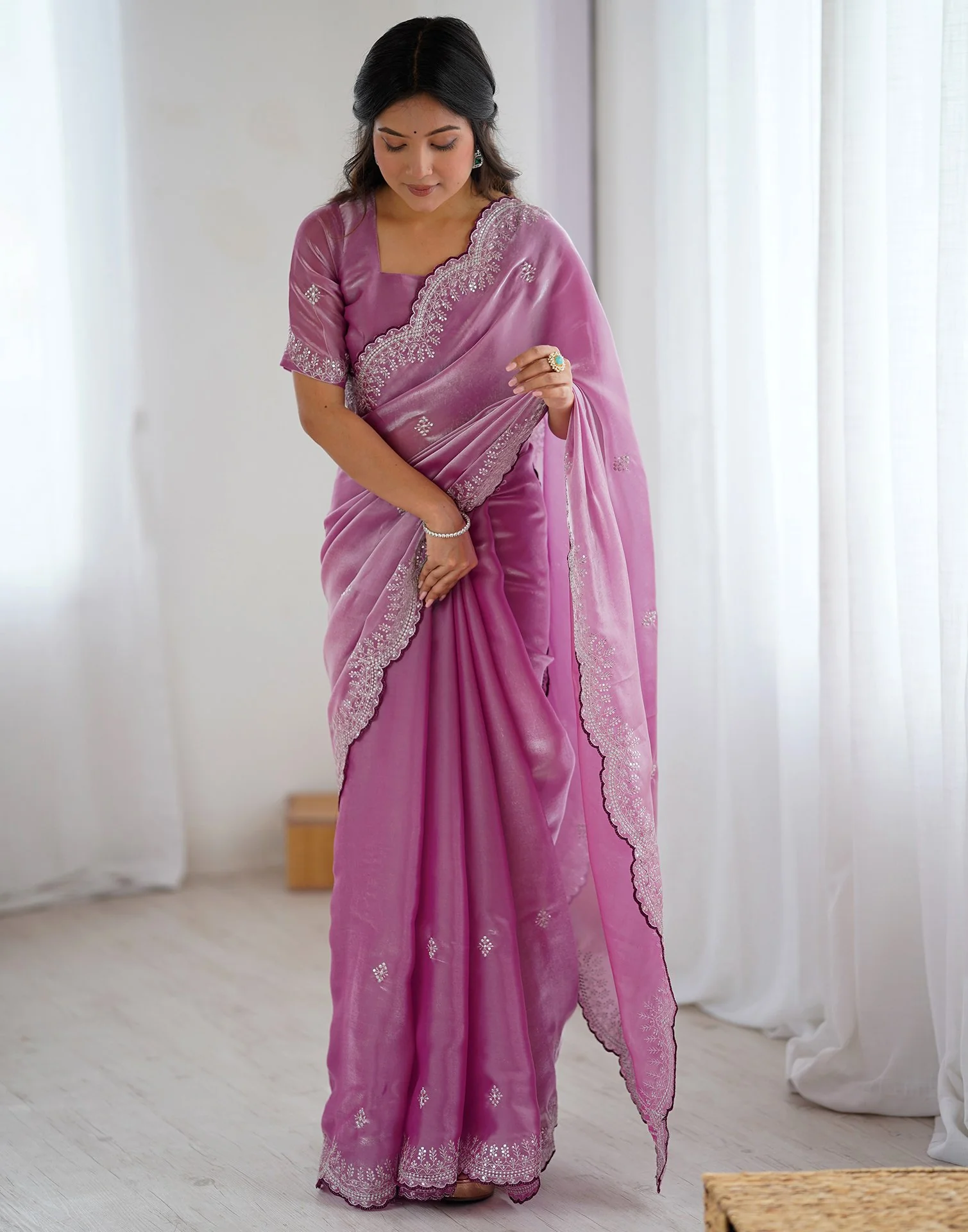 Pink Tissue Silk Embroidery Saree - Image 7