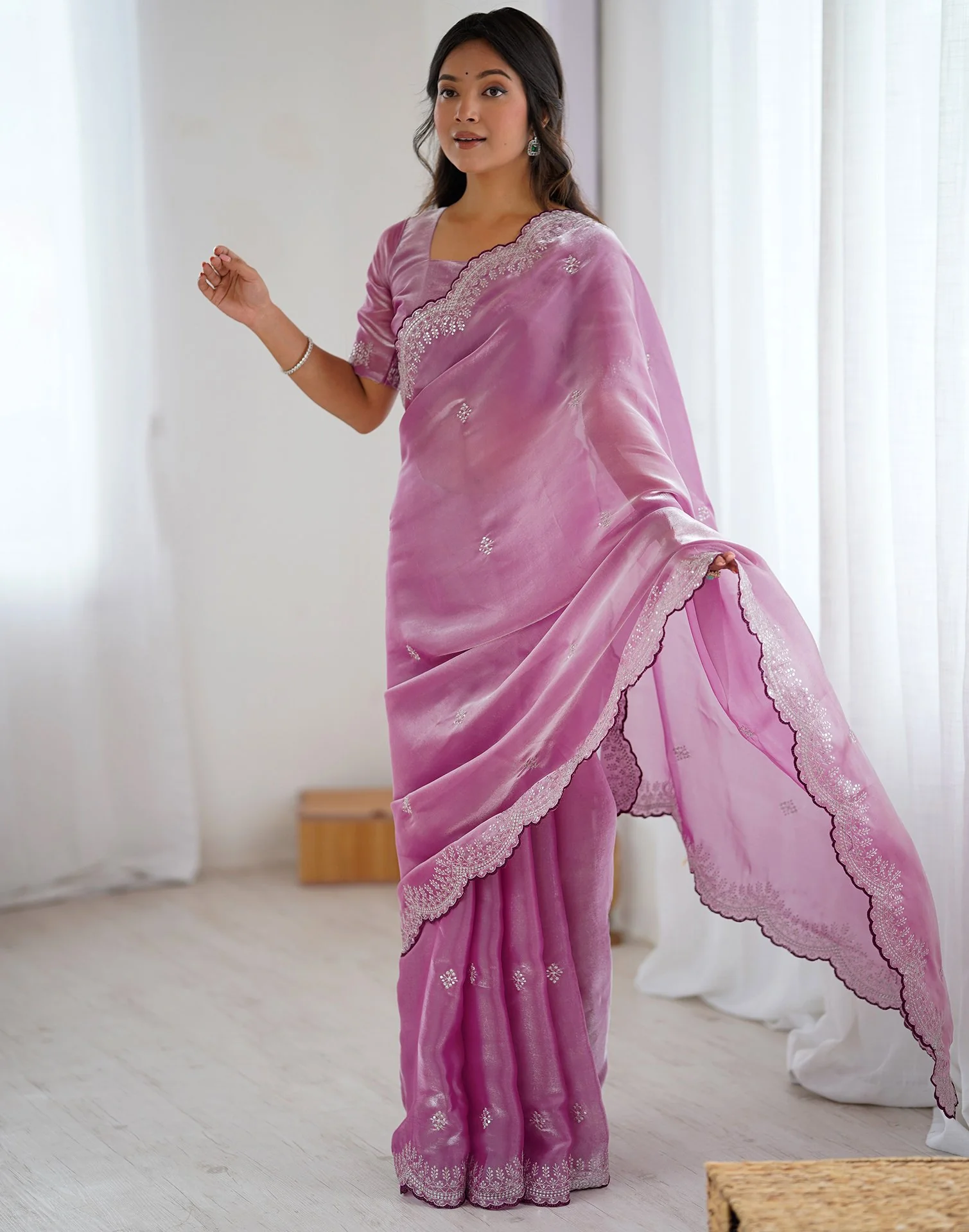 Pink Tissue Silk Embroidery Saree - Image 9