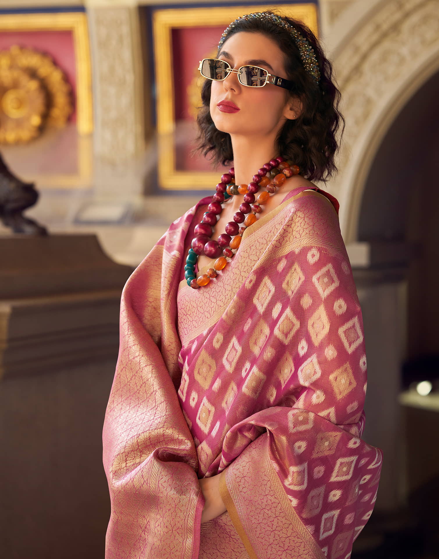 Pink Tissue Silk Woven Banarasi Saree - Image 4