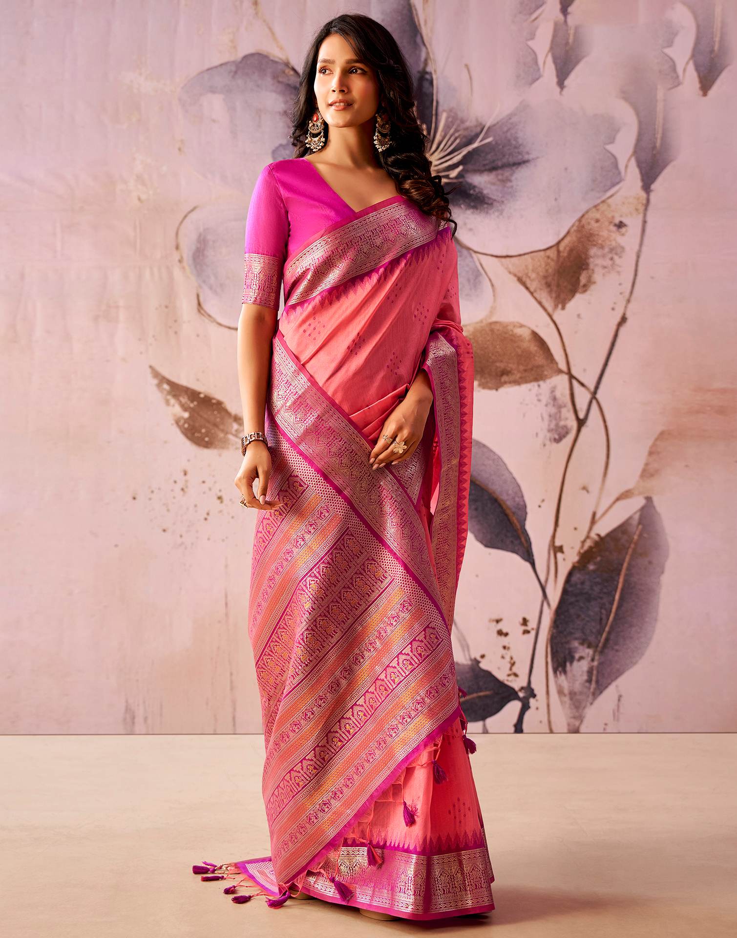 Pink Tussar Silk Woven Kanjivaram Saree - Image 5