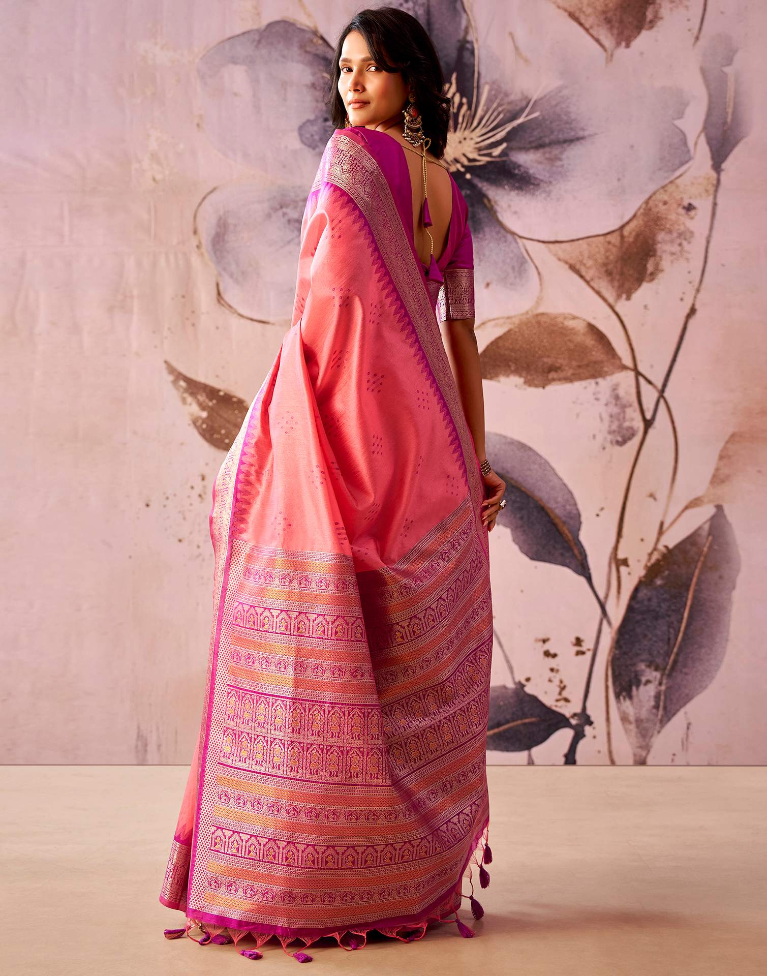 Pink Tussar Silk Woven Kanjivaram Saree - Image 6