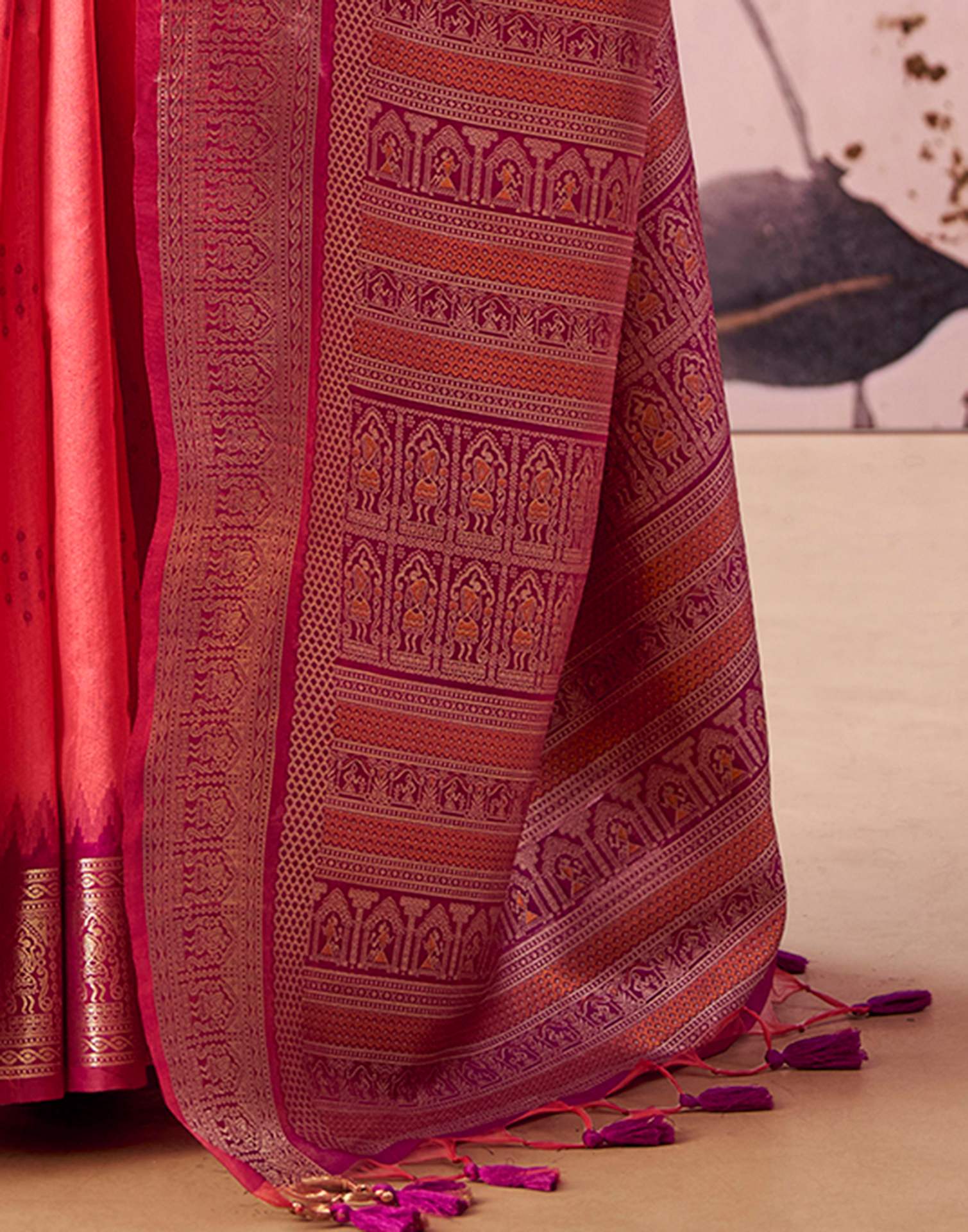Pink Tussar Silk Woven Kanjivaram Saree - Image 7