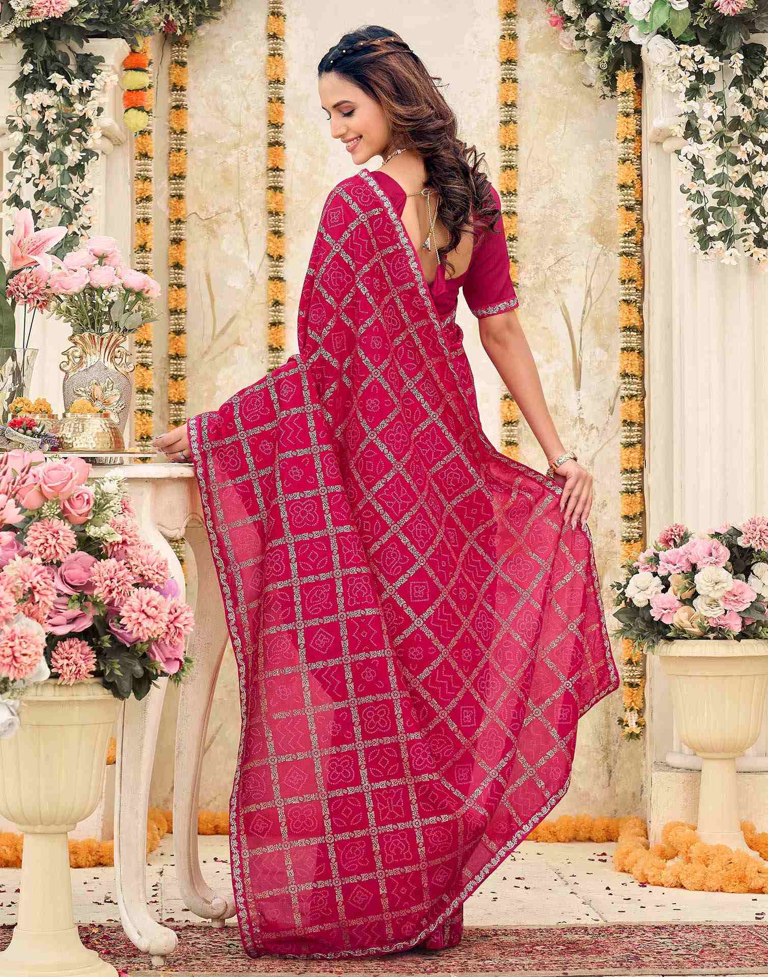 Pink Vichitra Silk Bandhani Printed Saree - Image 6