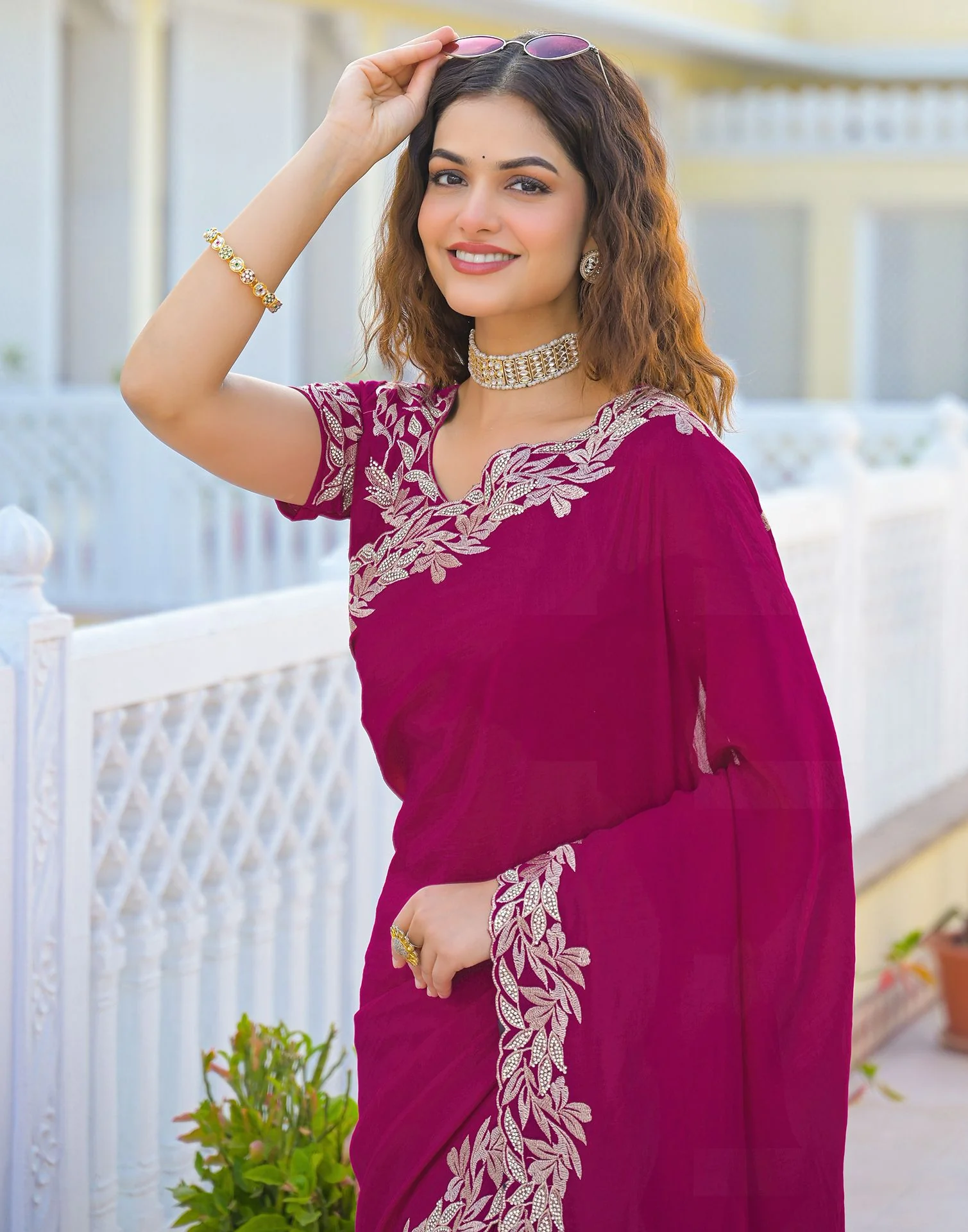 Pink Vichitra Silk Embroidery Saree - Image 10