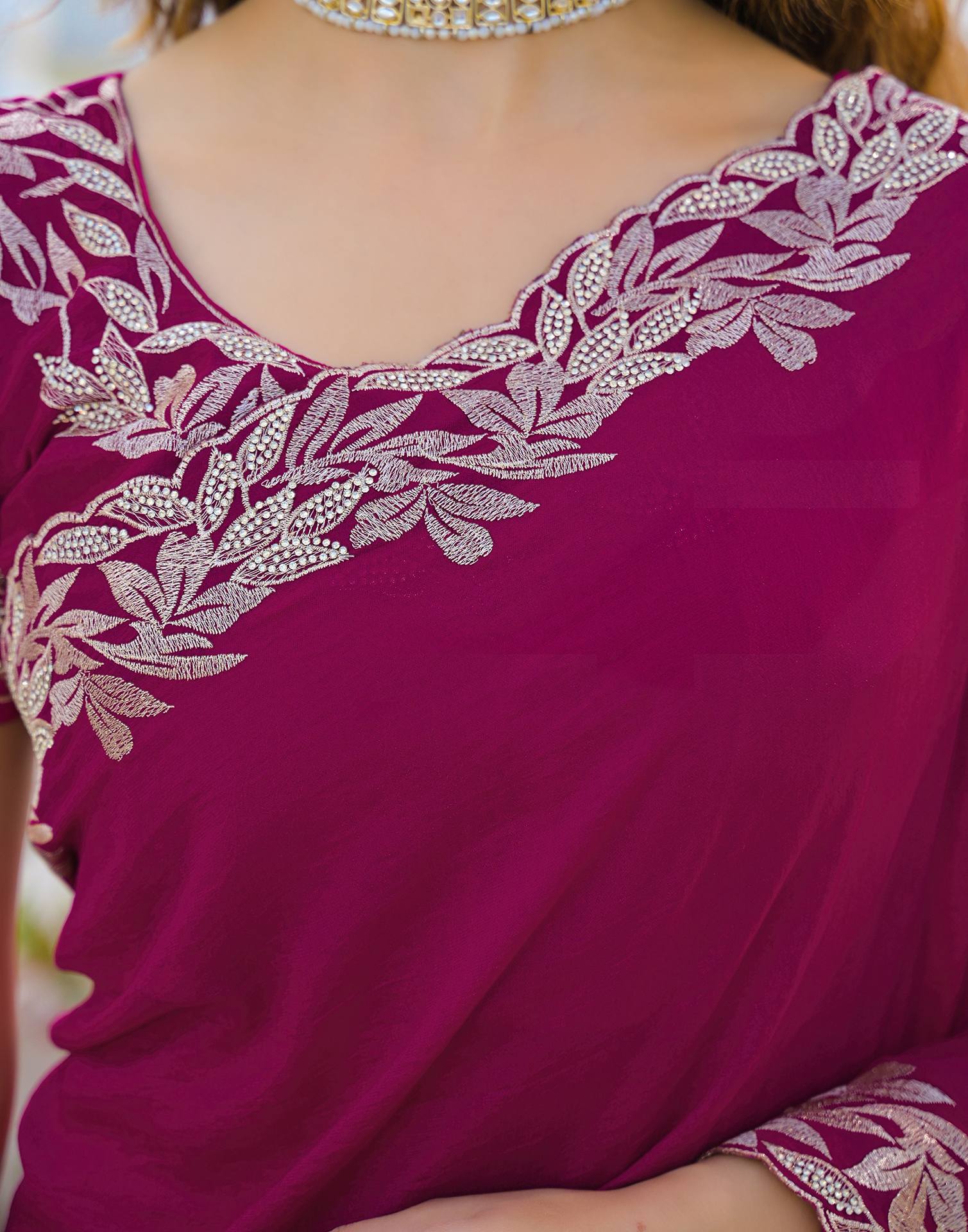 Pink Vichitra Silk Embroidery Saree - Image 13