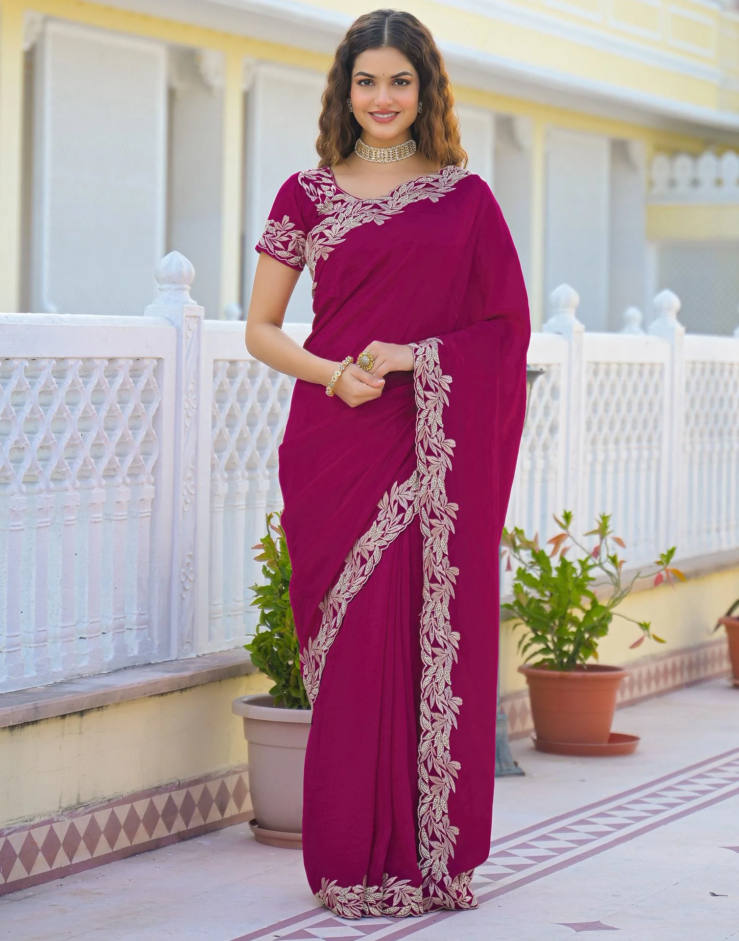 Pink Vichitra Silk Embroidery Saree - Image 2