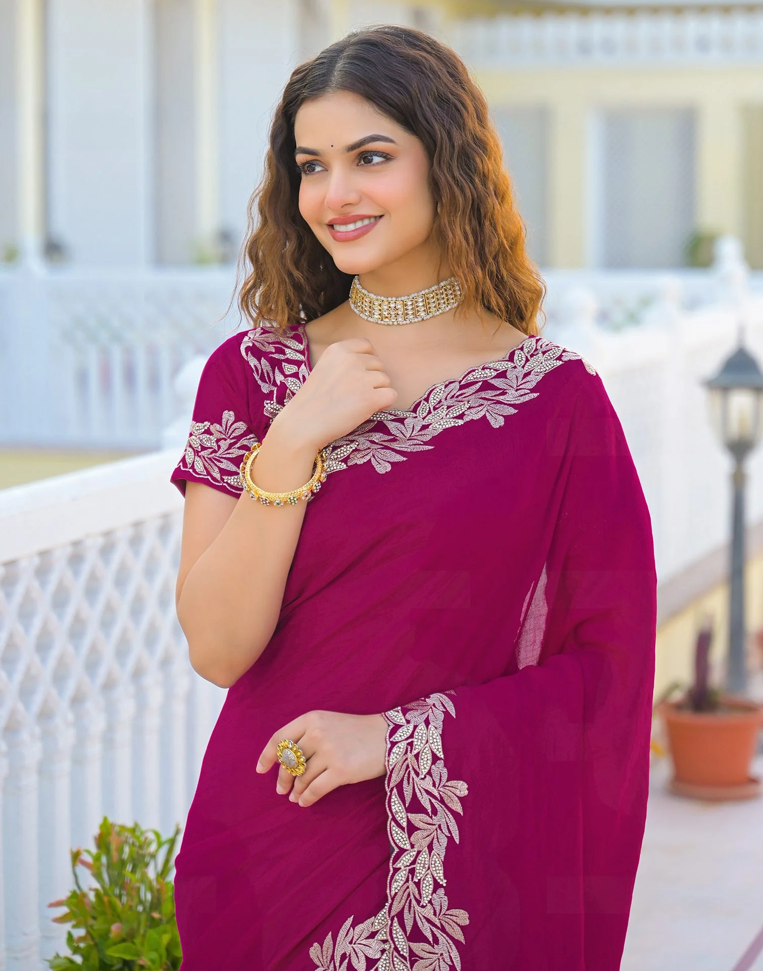 Pink Vichitra Silk Embroidery Saree - Image 4