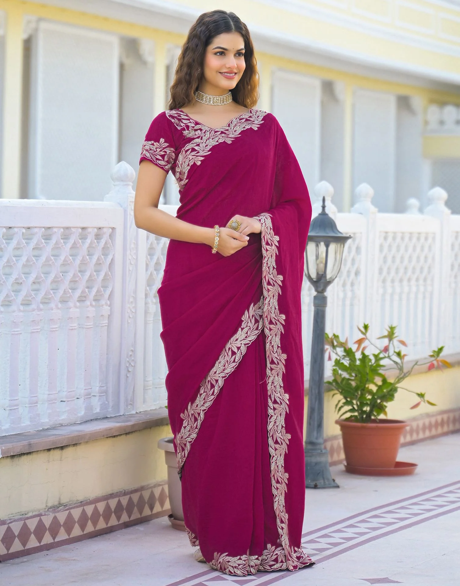 Pink Vichitra Silk Embroidery Saree - Image 5