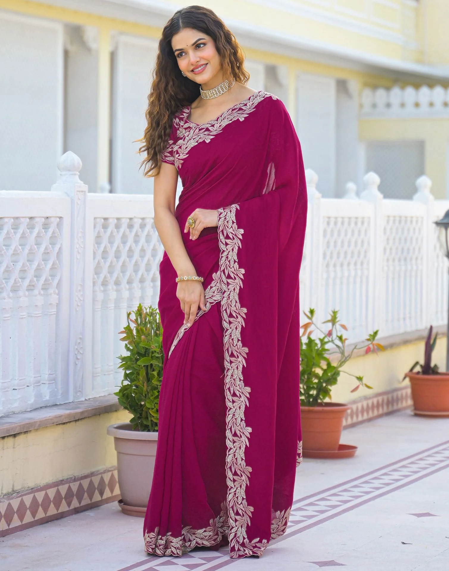 Pink Vichitra Silk Embroidery Saree - Image 7
