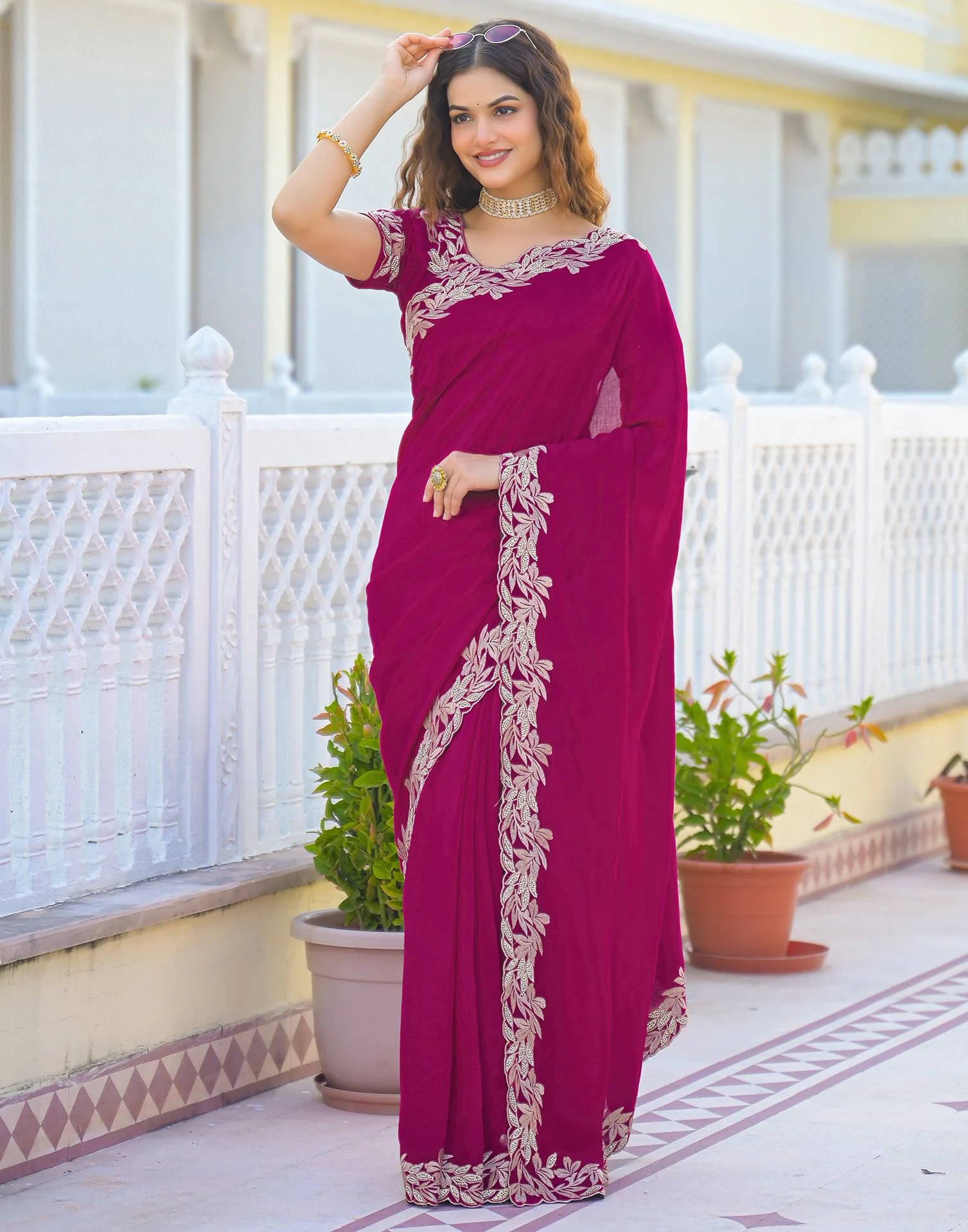 Pink Vichitra Silk Embroidery Saree - Image 8