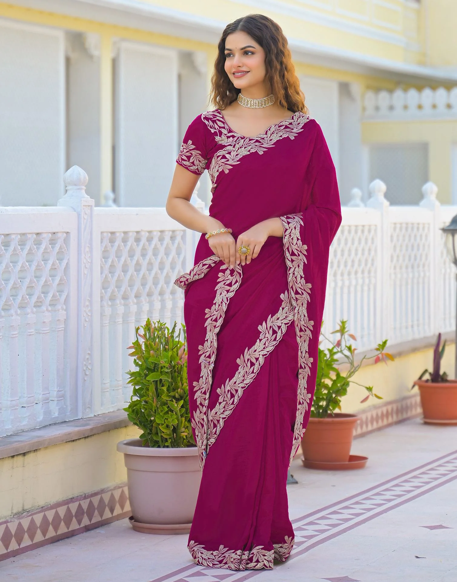Pink Vichitra Silk Embroidery Saree - Image 9