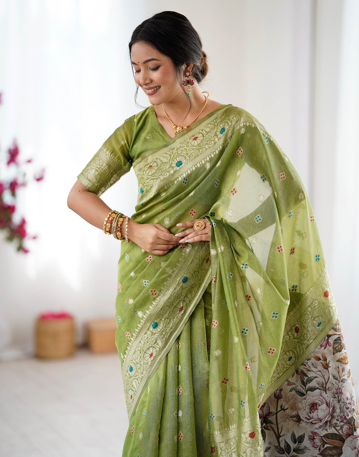 Pista Green Chanderi Cotton Woven Saree - Image 2