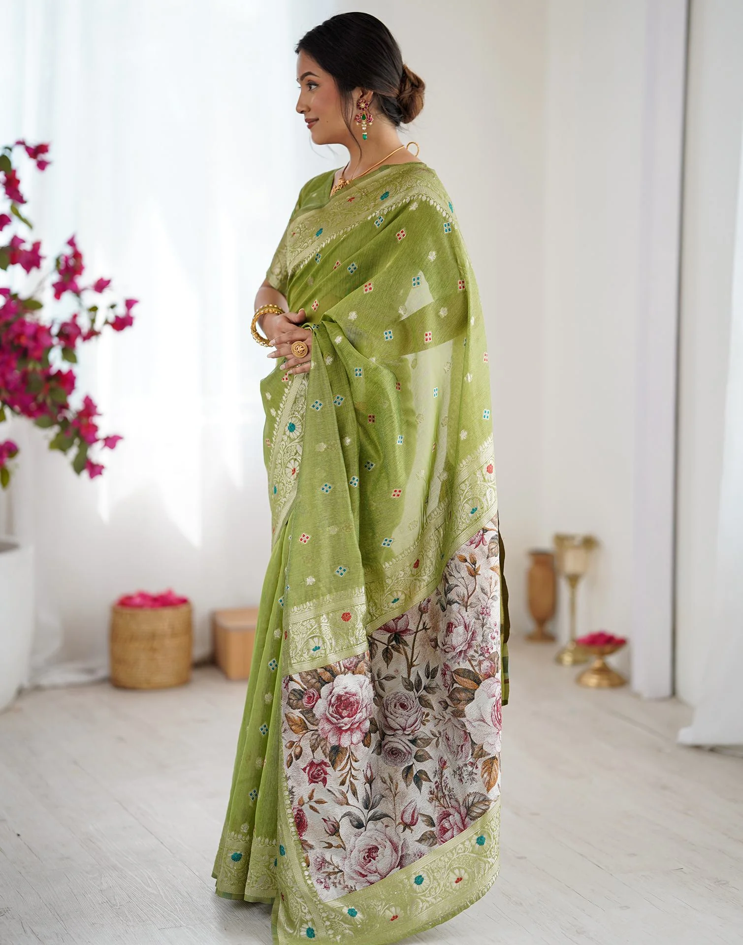 Pista Green Chanderi Cotton Woven Saree - Image 4